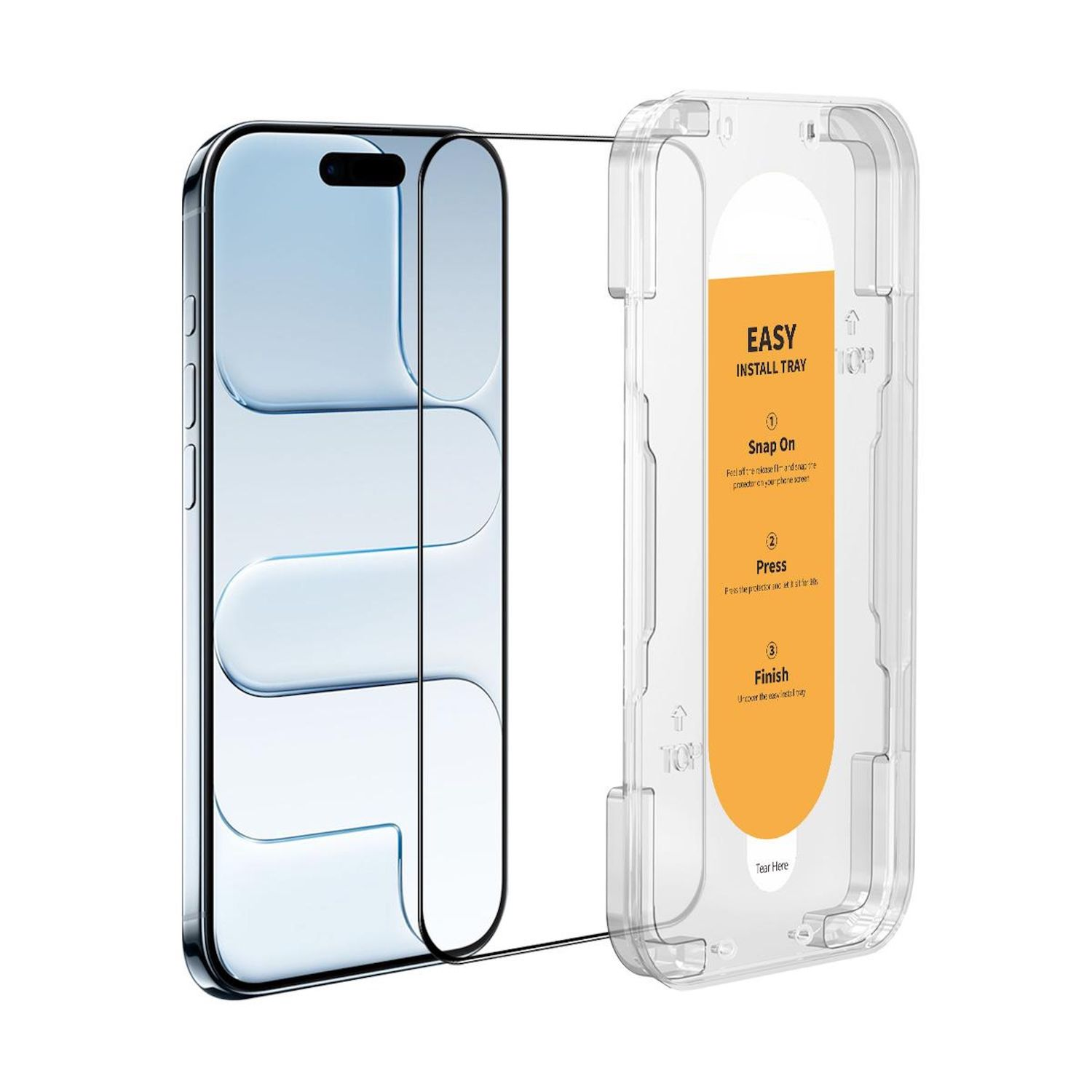 Ein Telefon und eine Displayschutzfolien-Schale werden angezeigt. Die Schale enthält Anweisungen zur einfachen Installation. Das Telefon ist blau, die Schale ist klar.