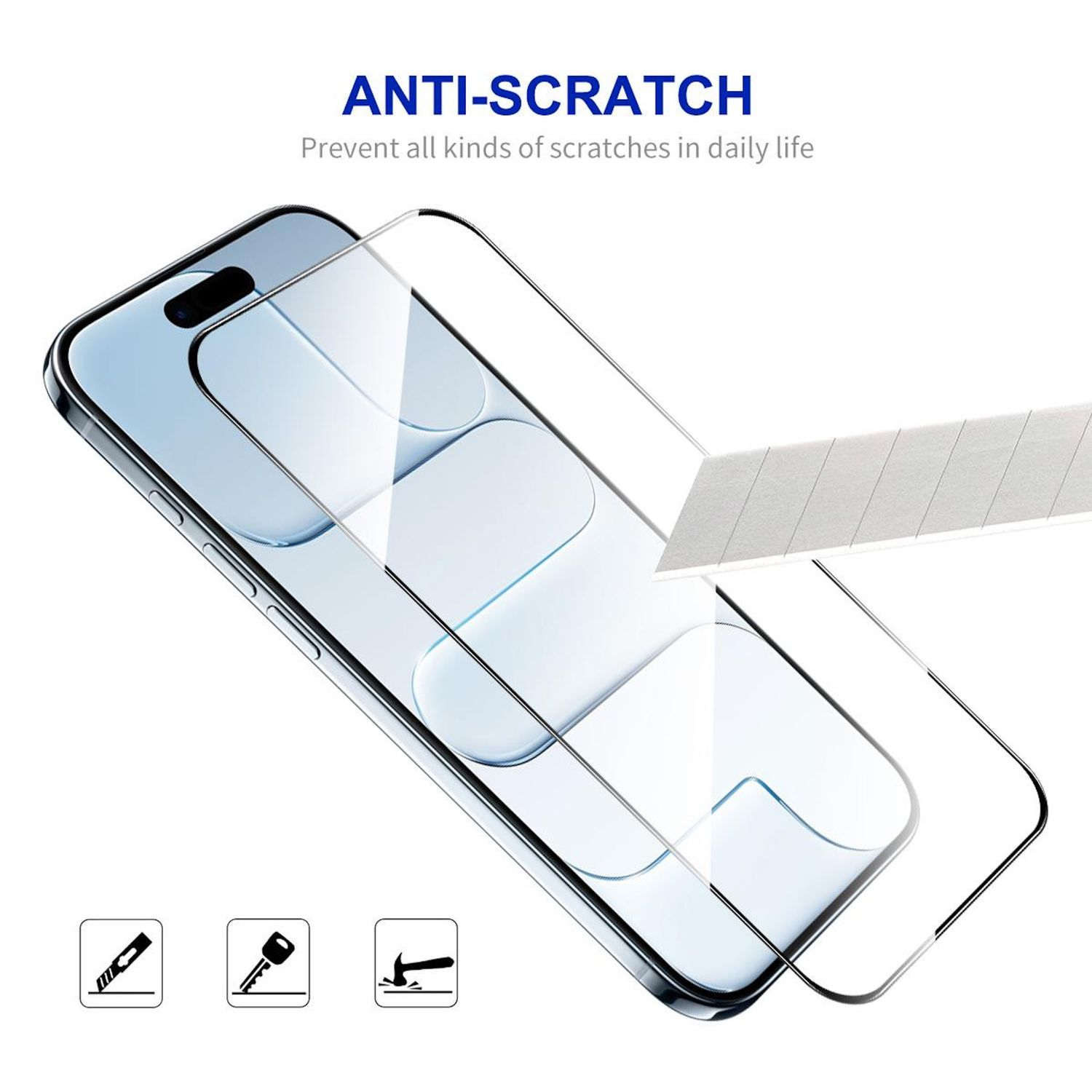 Telefon mit Displayschutz. Text: Anti-Kratzer. Symbole von Messer, Schlüssel und Hammer. Weißer Hintergrund.