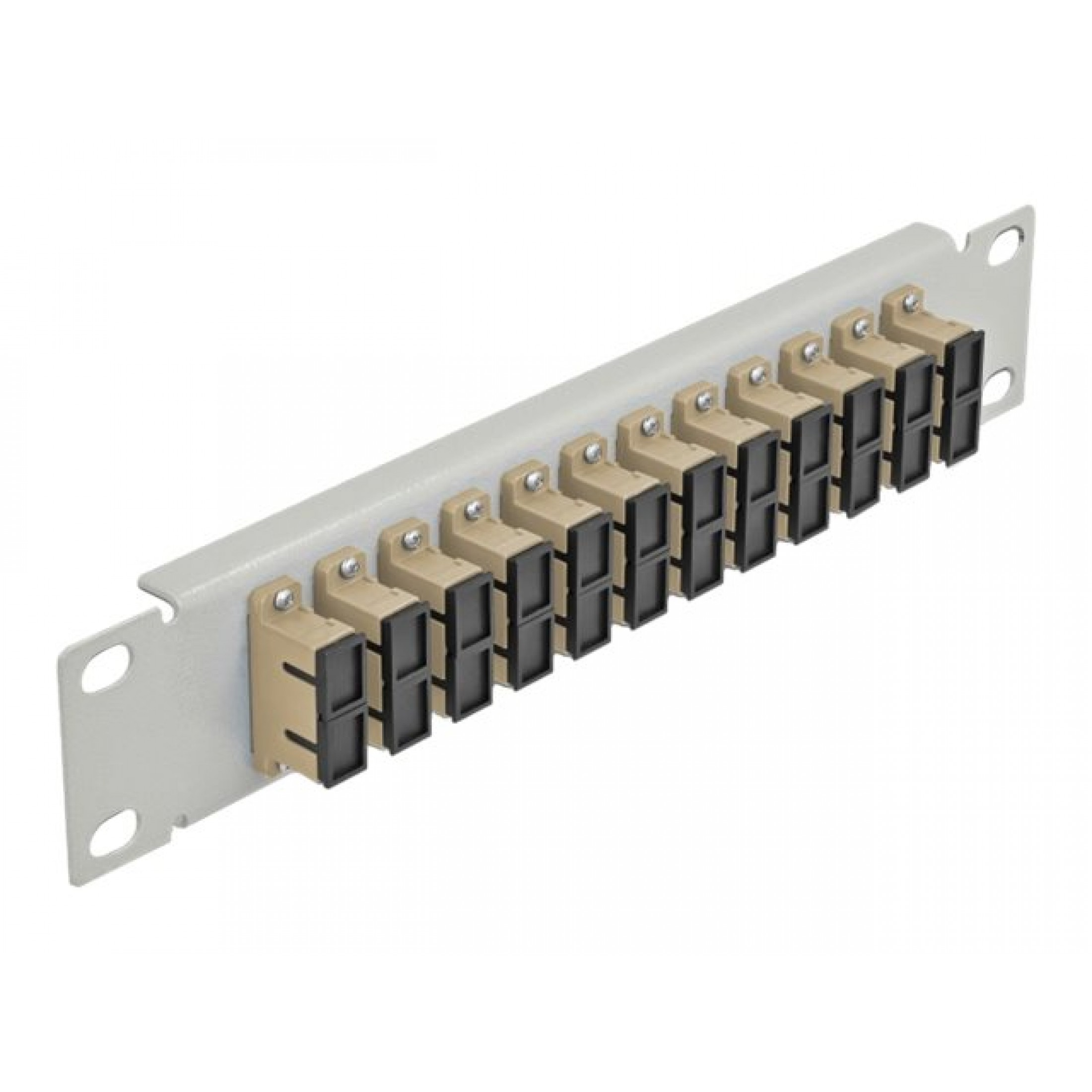 Un pannello metallico con diversi connettori in fibra ottica beige e neri. Il pannello è grigio chiaro, sfondo bianco.