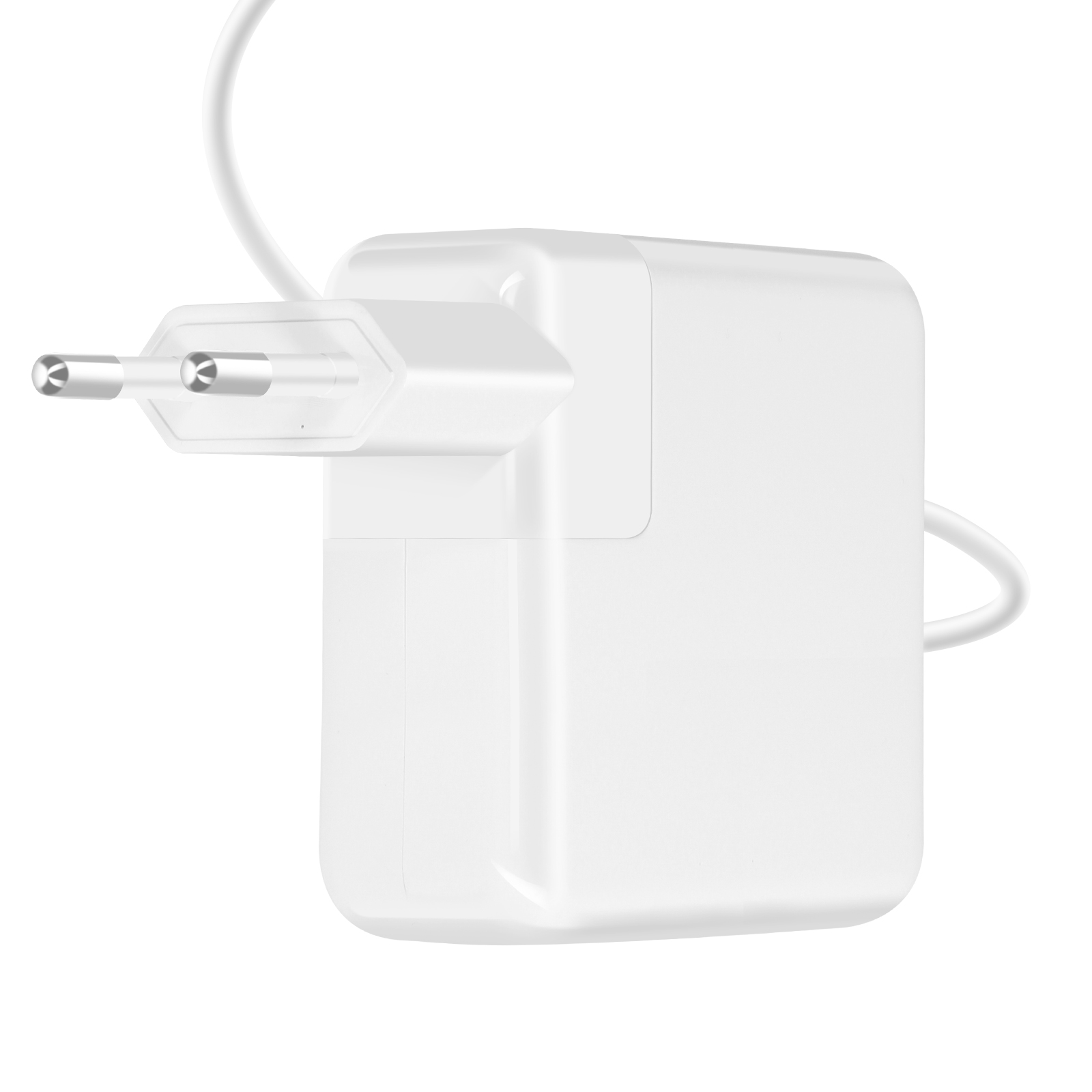 Un adattatore di alimentazione bianco con spina a due poli, con cavo bianco.