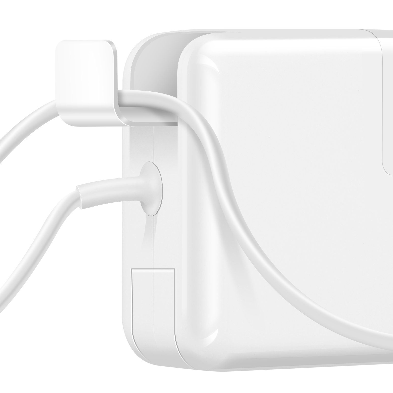 Un adattatore di alimentazione bianco con un cavo bianco collegato. L'adattatore ha un design curvo. Tutti gli elementi sono bianchi.