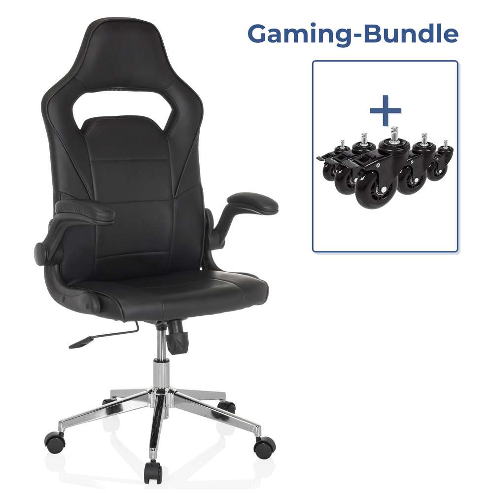 Schwarzer Gaming-Stuhl mit Armlehnen und Rollen, ein Radsatz wird rechts angezeigt.