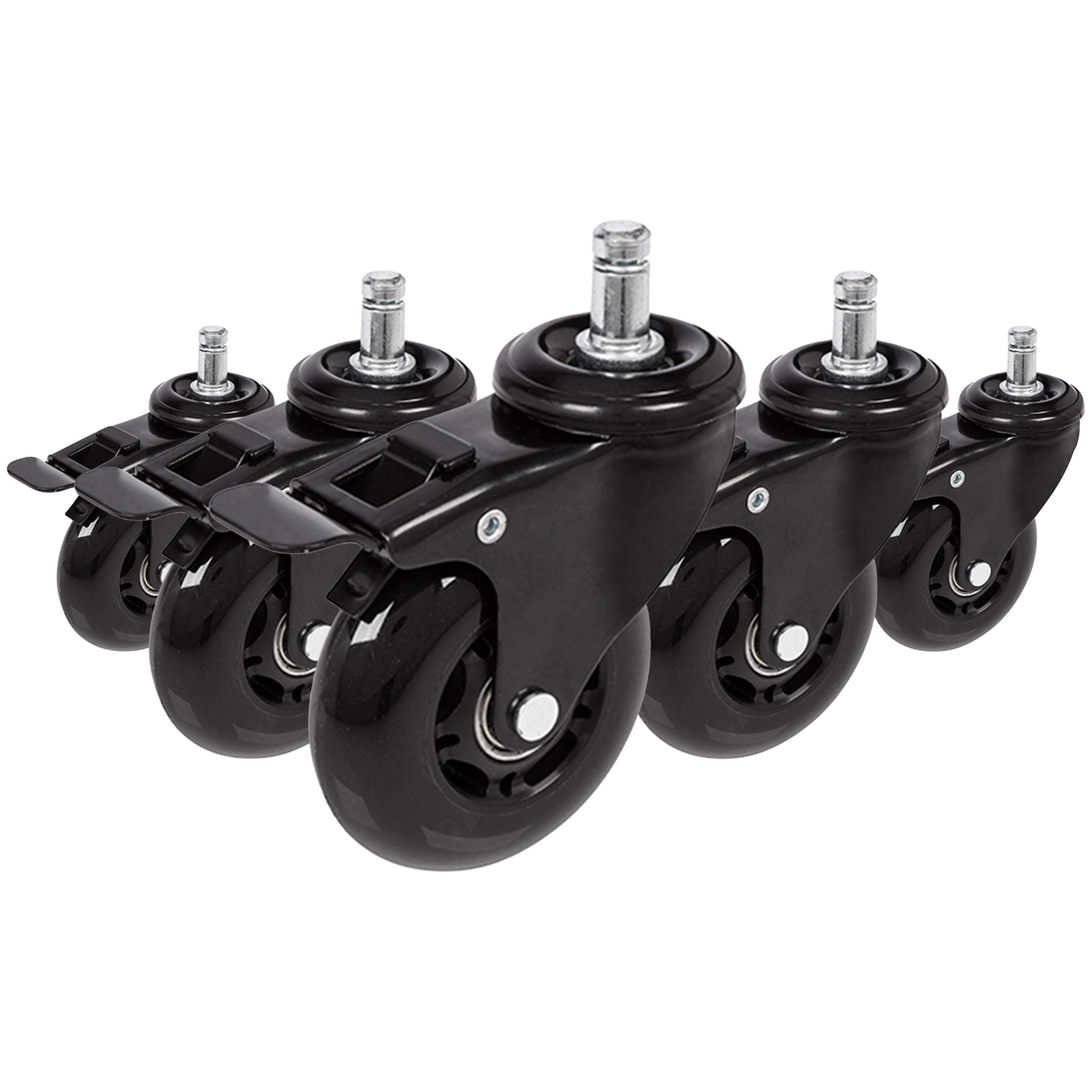 Fünf schwarze Stuhlwagen mit silbernen Stielen und einem schwarzen Hebel. Die Räder sind auf weißem Grund.