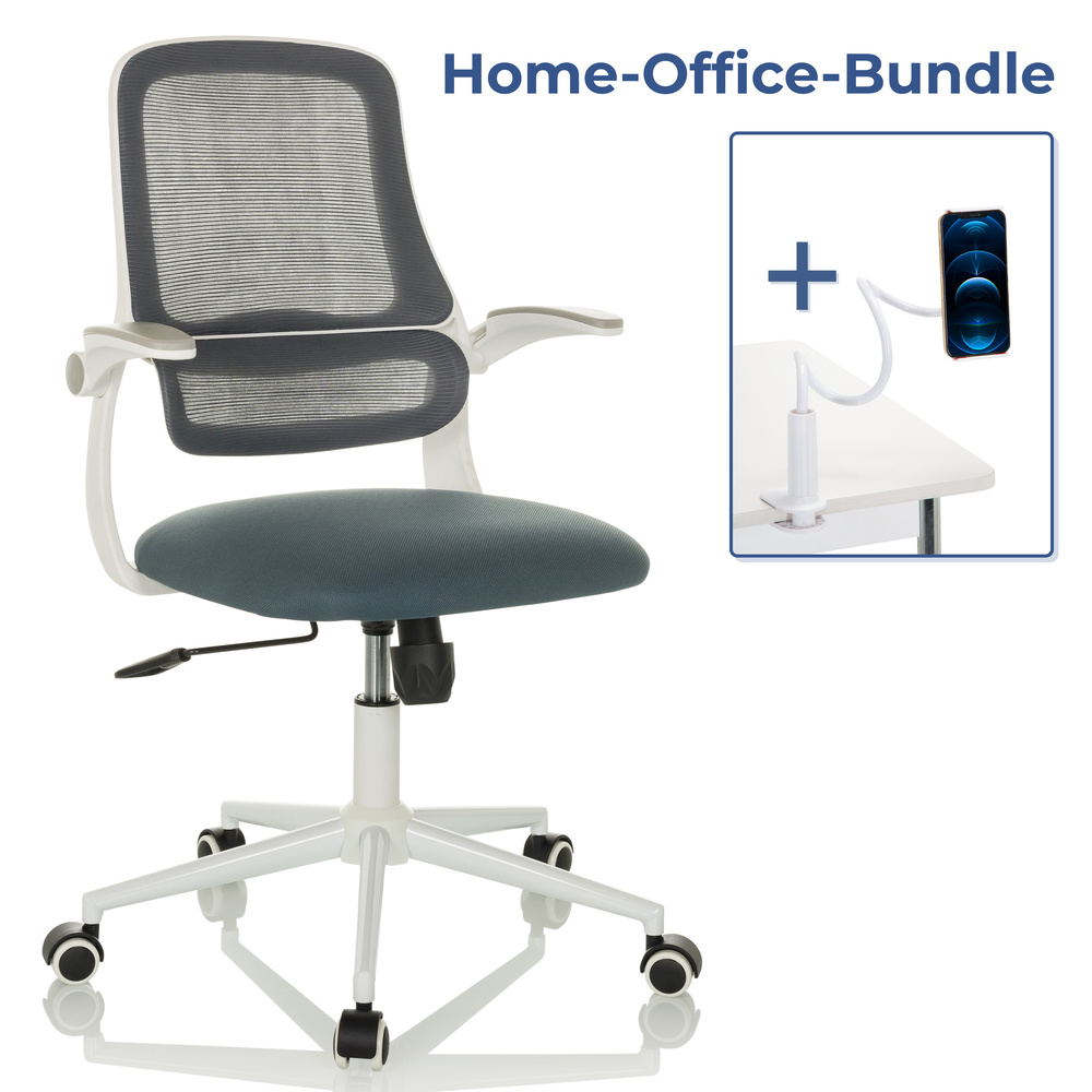 Bürostuhl mit Telefonhalter, weißem Rahmen, grauem Netzrücken und blauem Sitz. Ein Bundle für ein Home-Office-Setup.
