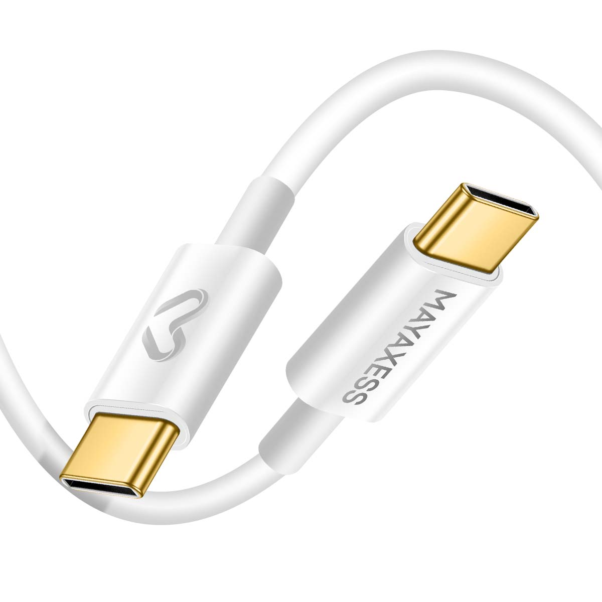Un cavo USB-C bianco con connettori dorati. Il cavo è curvo e il marchio MAYAXESS è stampato su un connettore.