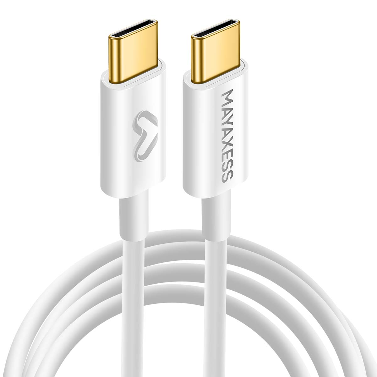 Due cavi USB-C bianchi con connettori dorati. Uno ha un logo, l'altro il nome del marchio MAYAXESS.