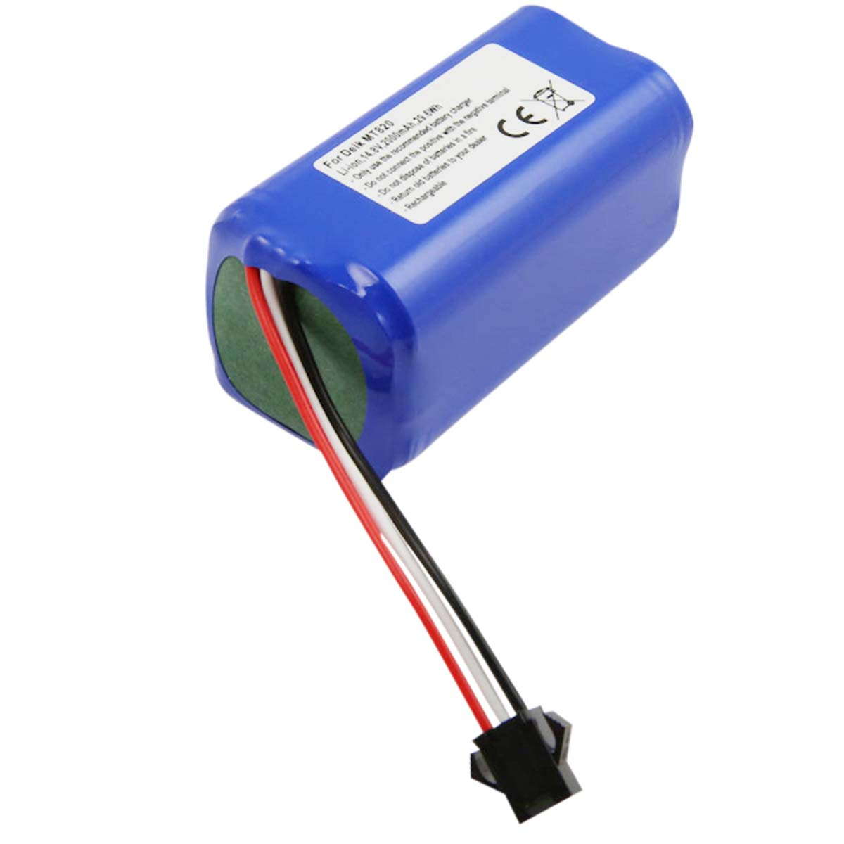 Une batterie bleue avec des fils blancs, rouges et noirs. Le texte sur la batterie indique la tension et les avertissements.