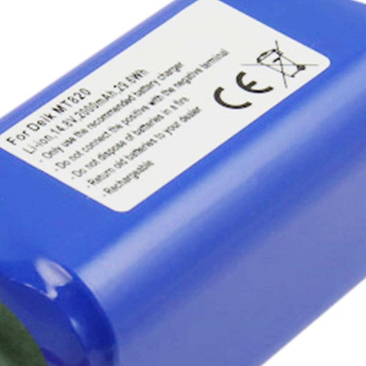Batterie bleue avec étiquette blanche. Le texte sur l'étiquette indique 'Pour Deik MT820, batterie Li-ion. Contient la marque CE et le symbole de recyclage.