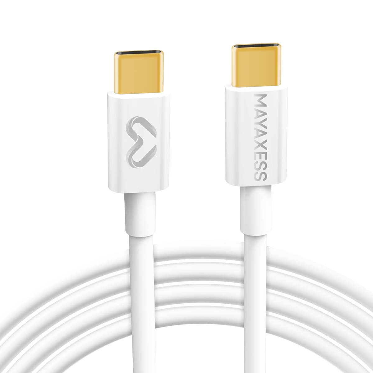 Due cavi USB-C bianchi con connettori dorati. Uno ha un logo, l'altro il marchio 'MAYAXESS'.