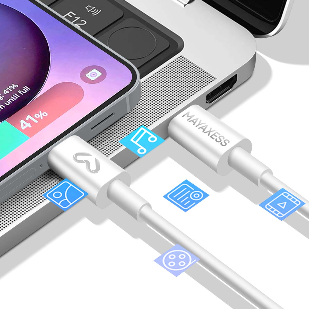 Un telefono in carica tramite un cavo bianco collegato a un laptop. Il telefono mostra il 41% di batteria. Sono visibili icone e il marchio MAYAXESS.
