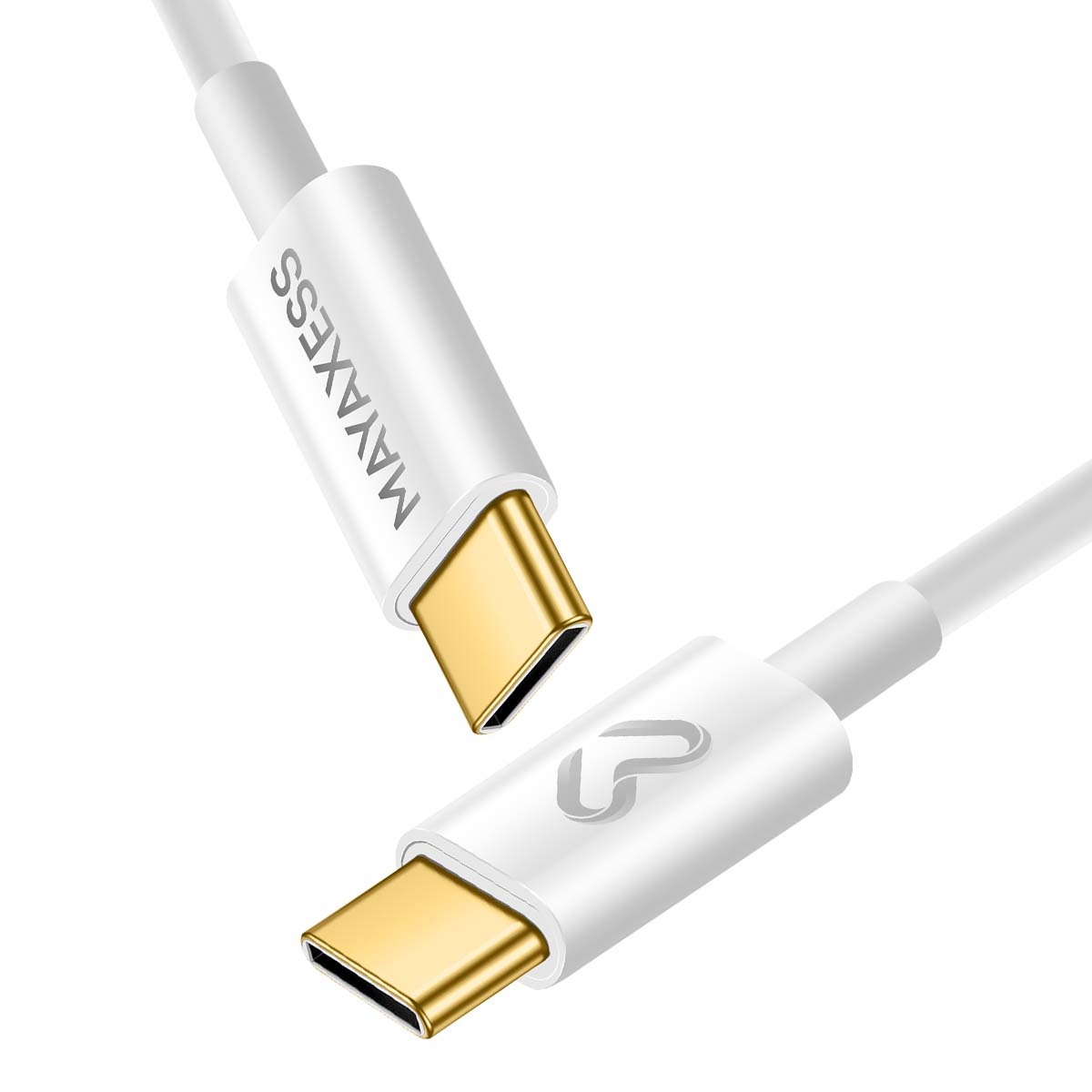 Due cavi USB-C bianchi. Uno ha 'MAYAXESS' sul connettore. Entrambi i connettori hanno inserti dorati.
