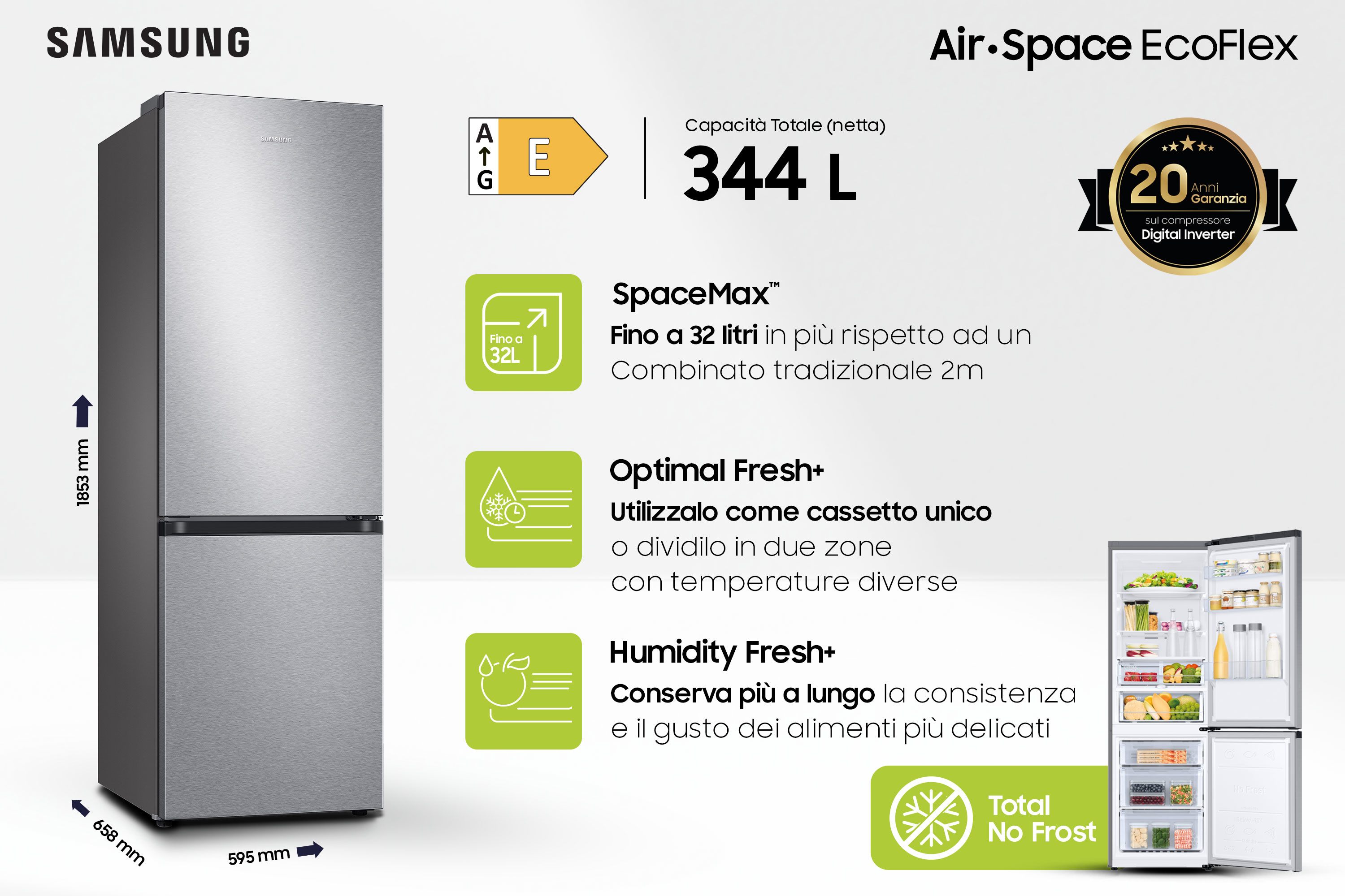 Un frigorifero Samsung con finitura argentata. Ha due porte e offre funzioni come SpaceMax e Total No Frost.