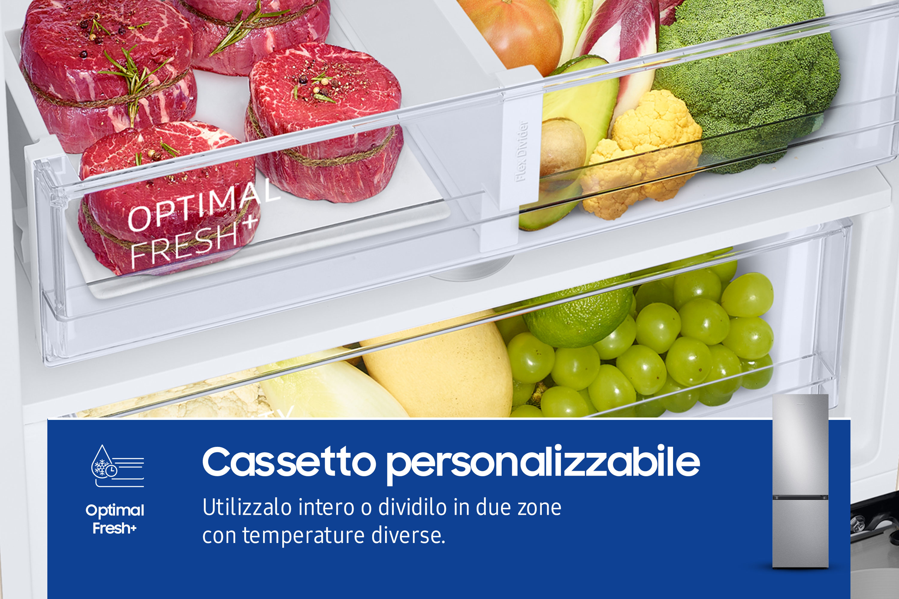 Interno frigorifero con carne, verdure e frutta. Cassetti con etichetta 'Optimal Fresh+'. Il testo recita 'Cassetto personalizzabile'.