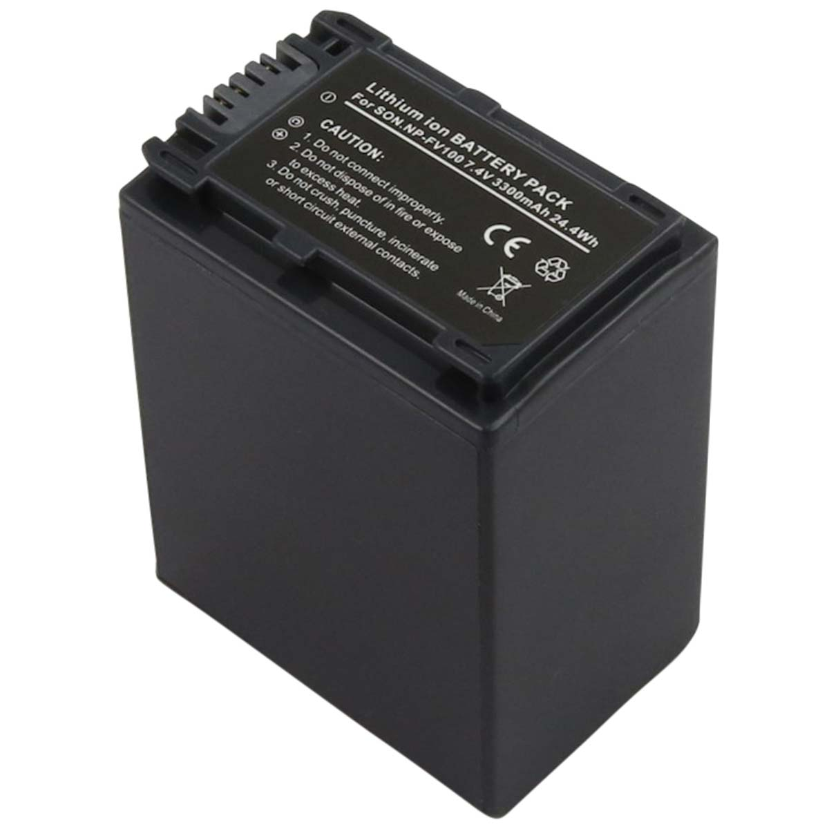 Un pacco batteria agli ioni di litio nero con etichette di avvertenza. Il testo include 'Lithium ion BATTERY PACK', 'CAUTION' e 'Made in China'.