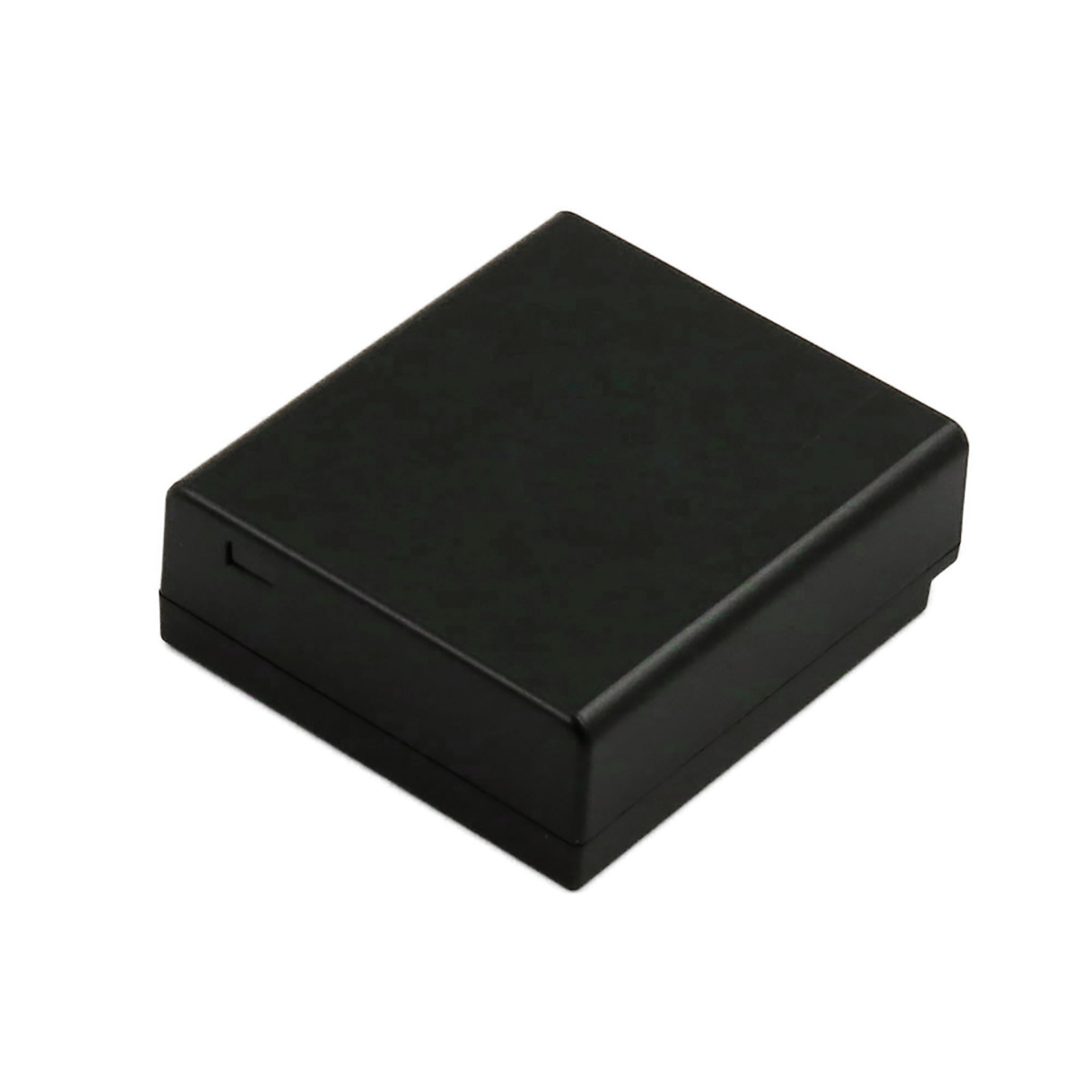 Eine schwarze rechteckige Box auf weißem Hintergrund. Flache Oberseite und leicht abgeschrägte Kanten, mit kleiner Kerbe.