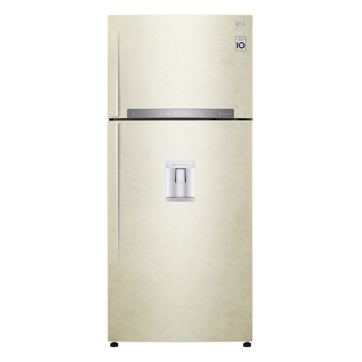 Un frigorifero LG beige con congelatore superiore. Ha un distributore d'acqua, un pannello di controllo e un adesivo di garanzia di 10 anni. Sfondo bianco.