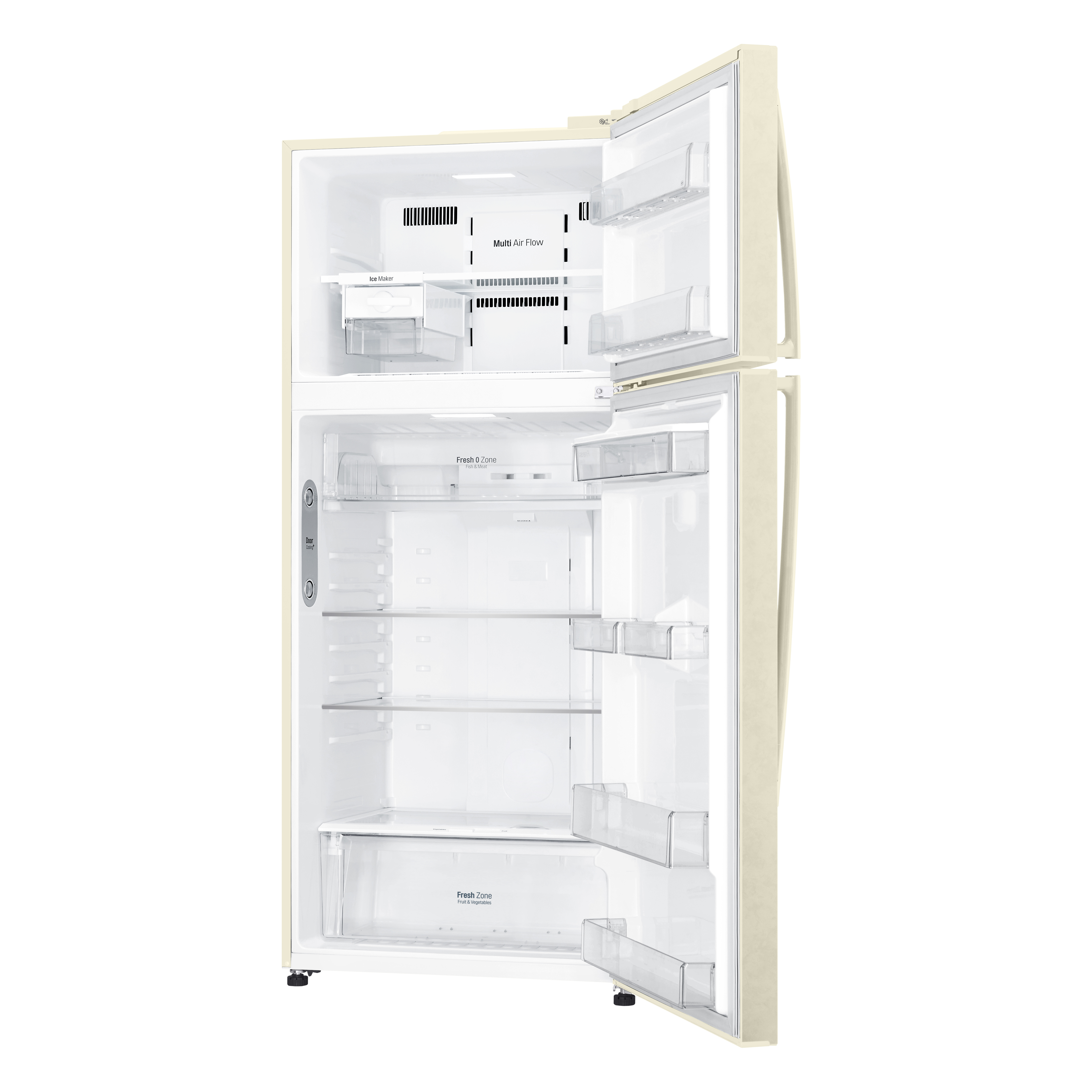 Un frigorifero beige aperto. L'interno è visibile con ripiani, scomparti ed etichette come 'Fresh Zone'.