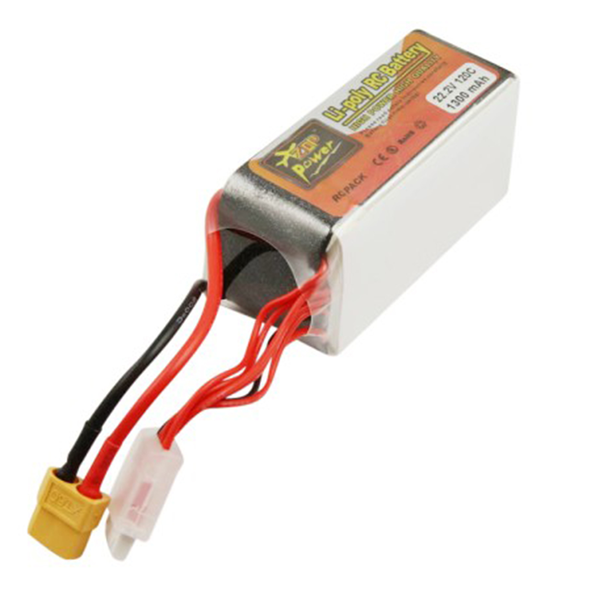 Ein Li-Poly RC-Akkupack mit roten und schwarzen Drähten, einem gelben Stecker und einem weißen Kunststoffstecker. Der Akku ist weiß.