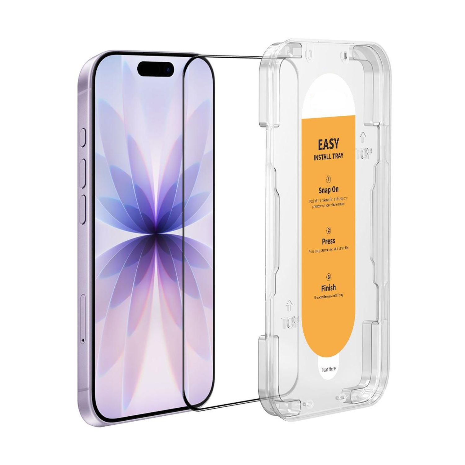 Un iPhone accanto a un vassoio di installazione. Il telefono è viola con una protezione per lo schermo. Il vassoio è trasparente con le istruzioni.