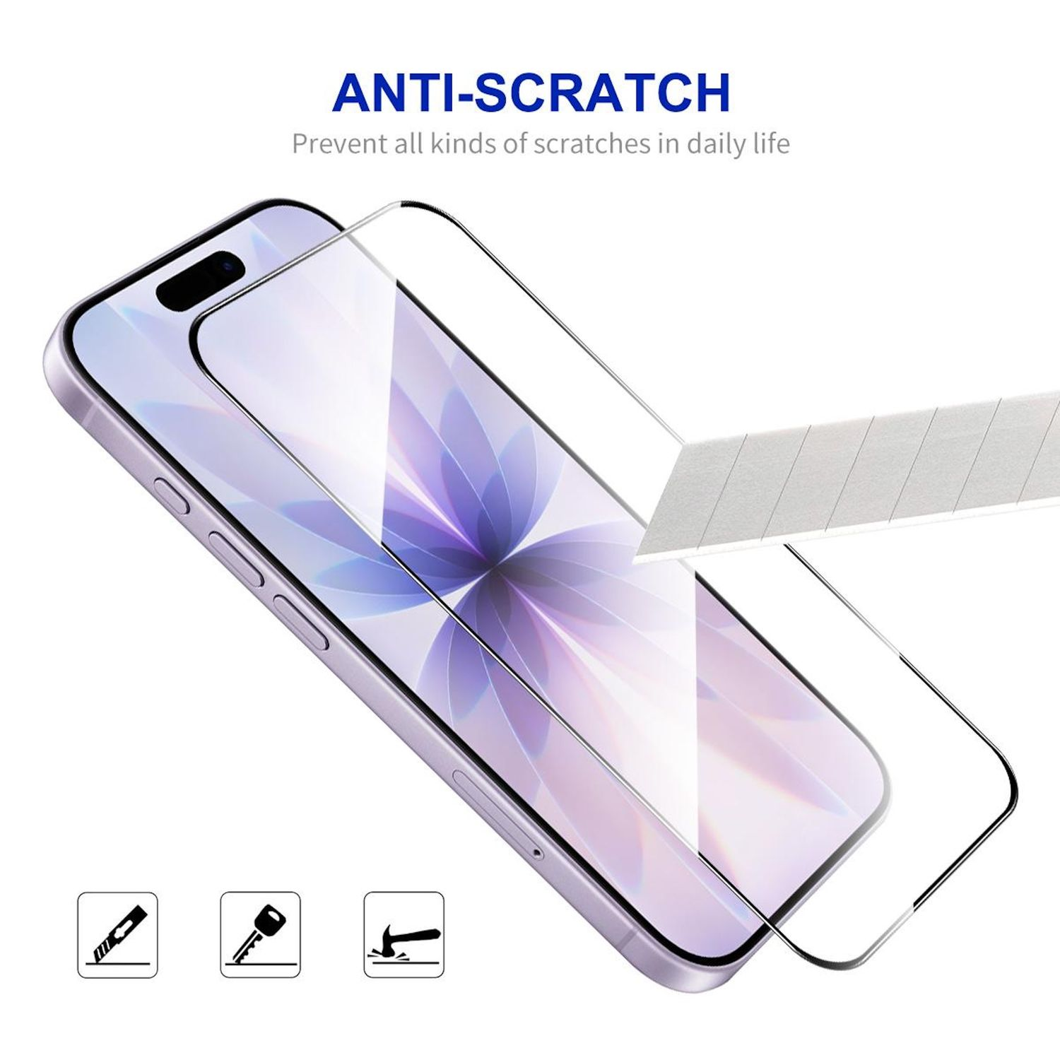 Un telefono con una protezione per lo schermo applicata. Il testo recita 'ANTI-SCRATCH'. Le icone mostrano coltello, chiave e impatto.