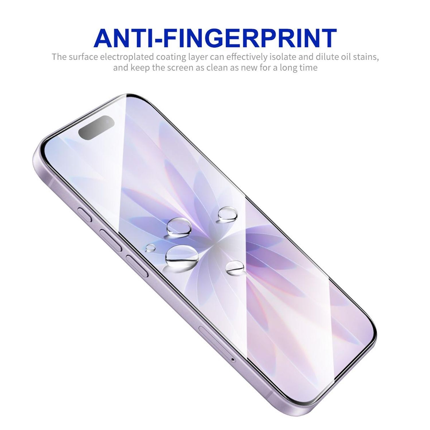 Un telefono con protezione schermo. Lo schermo ha forme di gocce d'acqua. Il testo recita anti-impronte e descrizione della protezione schermo.