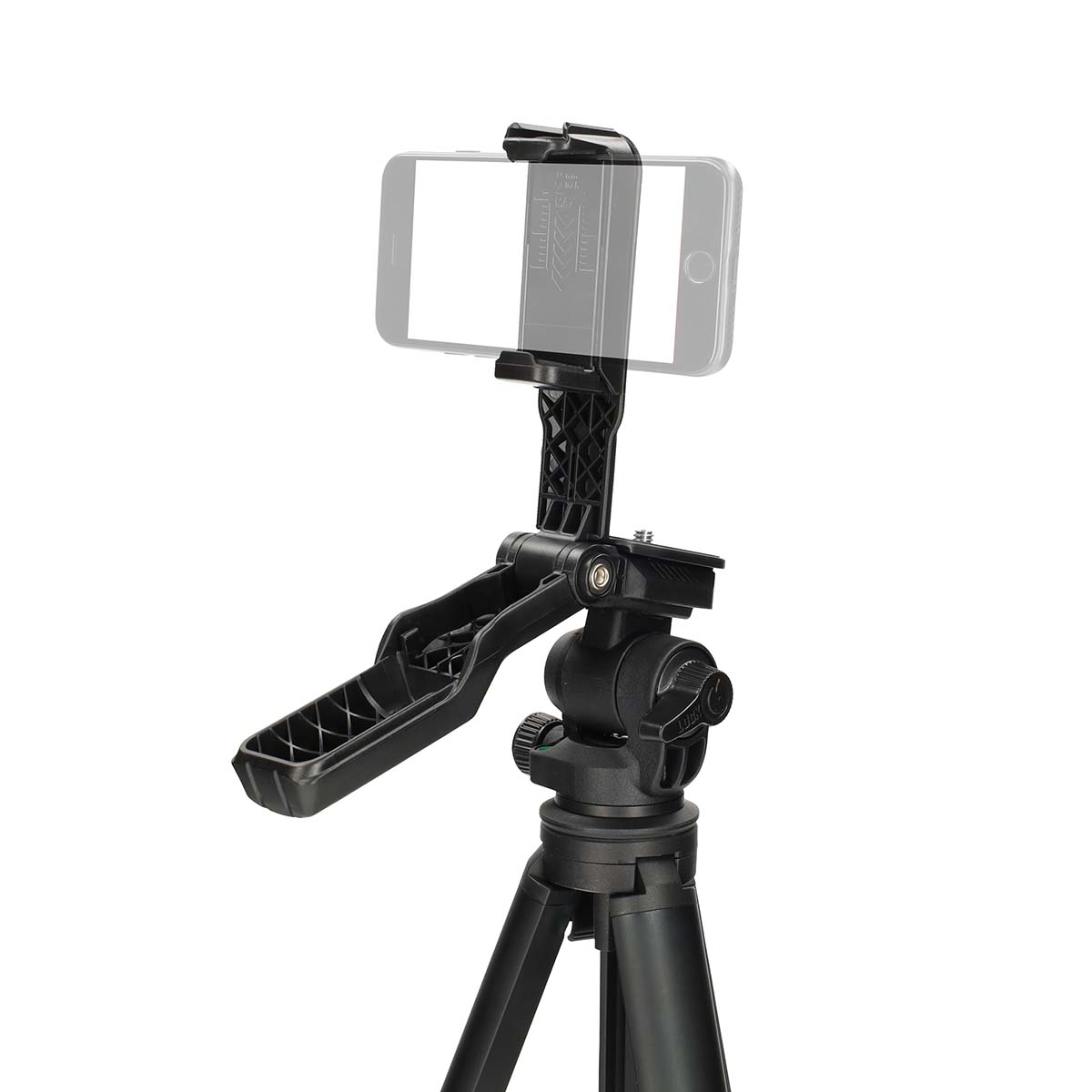 Ein schwarzes Smartphone ist auf einem Stativ montiert. Das Telefon wird von einem schwarzen Halter gehalten. Das Stativ steht auf weißem Hintergrund.