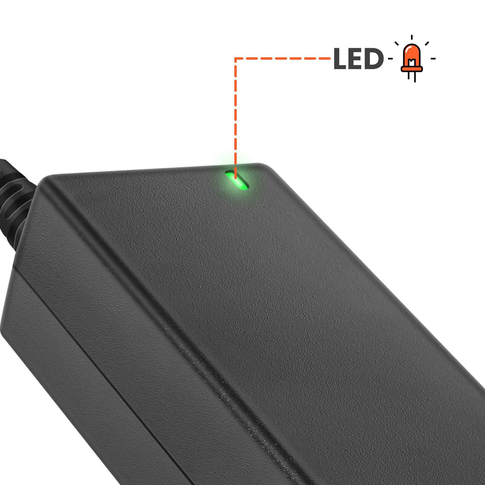 Un adattatore di alimentazione nero con indicatore LED verde. Un'icona LED e una linea tratteggiata indicano la luce LED.