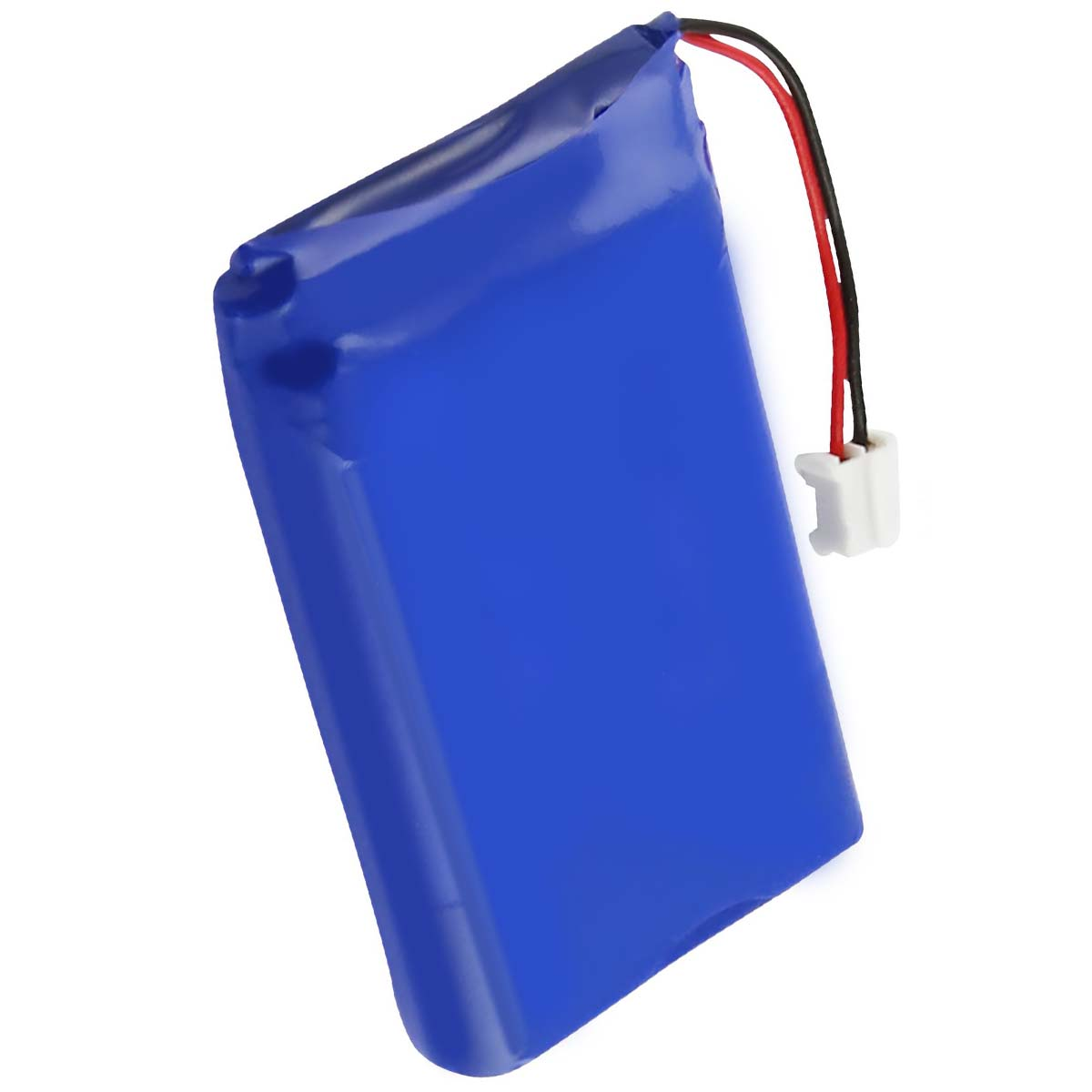 Ein blauer rechteckiger Akku mit schwarzen und roten Drähten, die mit einem weißen Stecker verbunden sind.