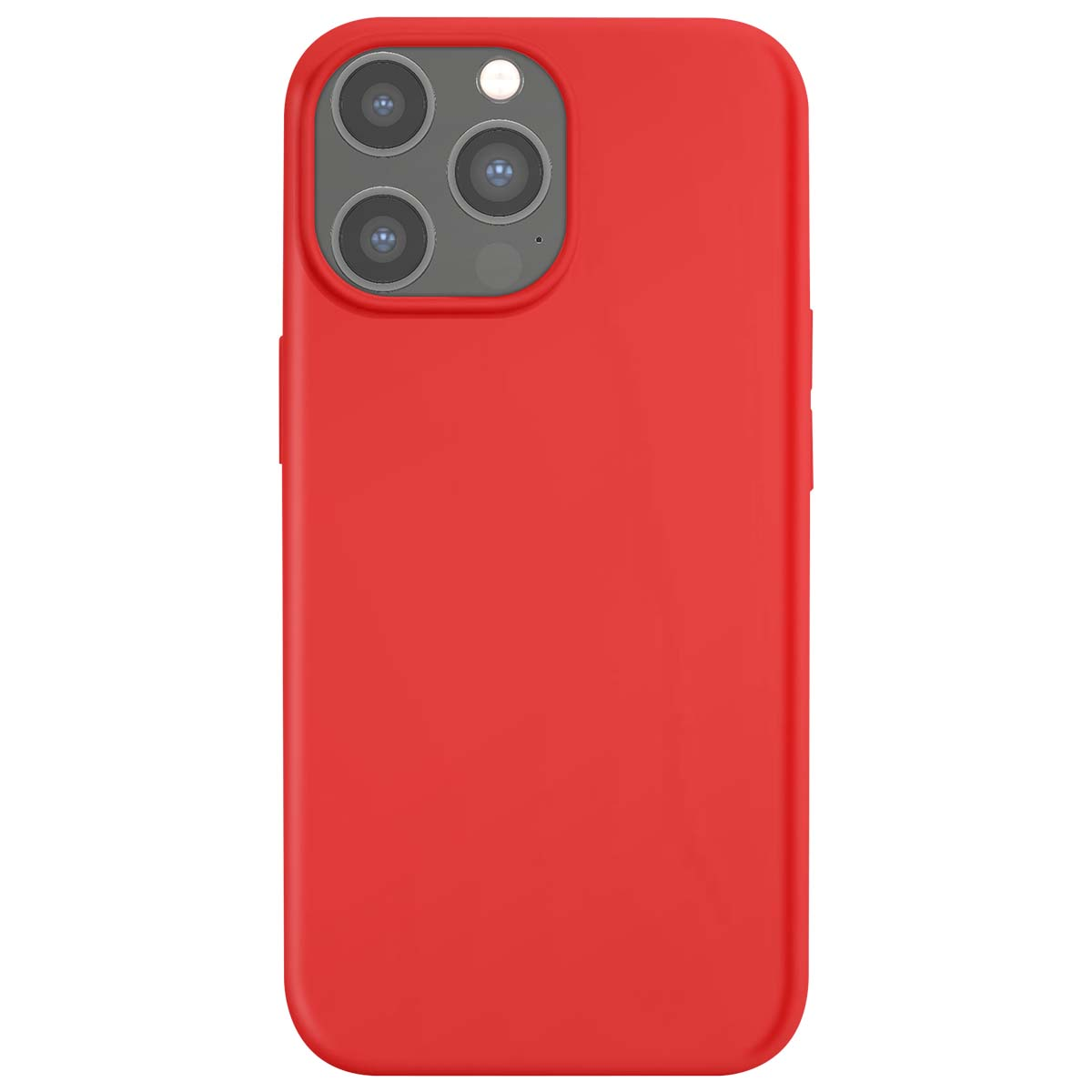 Una custodia rossa per telefono con un modulo fotocamera contenente tre lenti e un flash, su sfondo bianco.