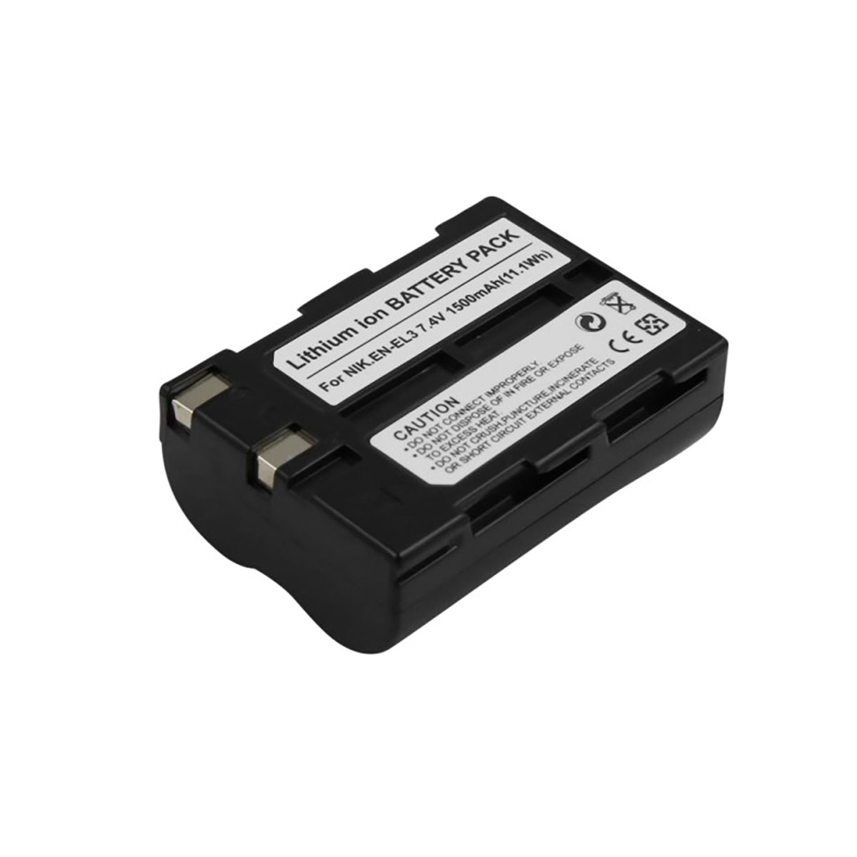 Un pacco batteria agli ioni di litio nero per una fotocamera. Il testo sull'etichetta include specifiche e avvertenze di sicurezza.