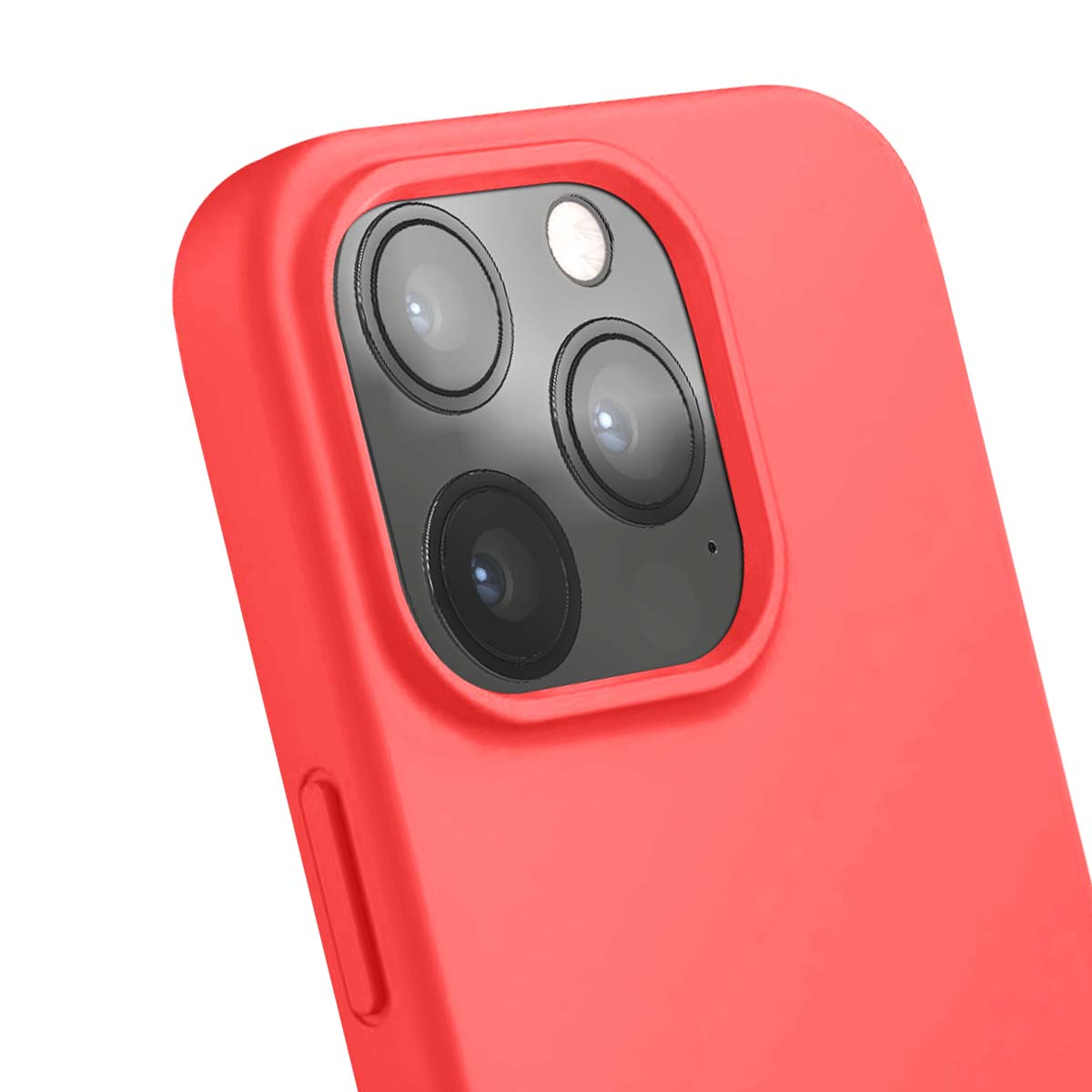 Primo piano di una custodia rossa per telefono con lenti della fotocamera. Le lenti sono nere e il flash è bianco, con una custodia rossa.
