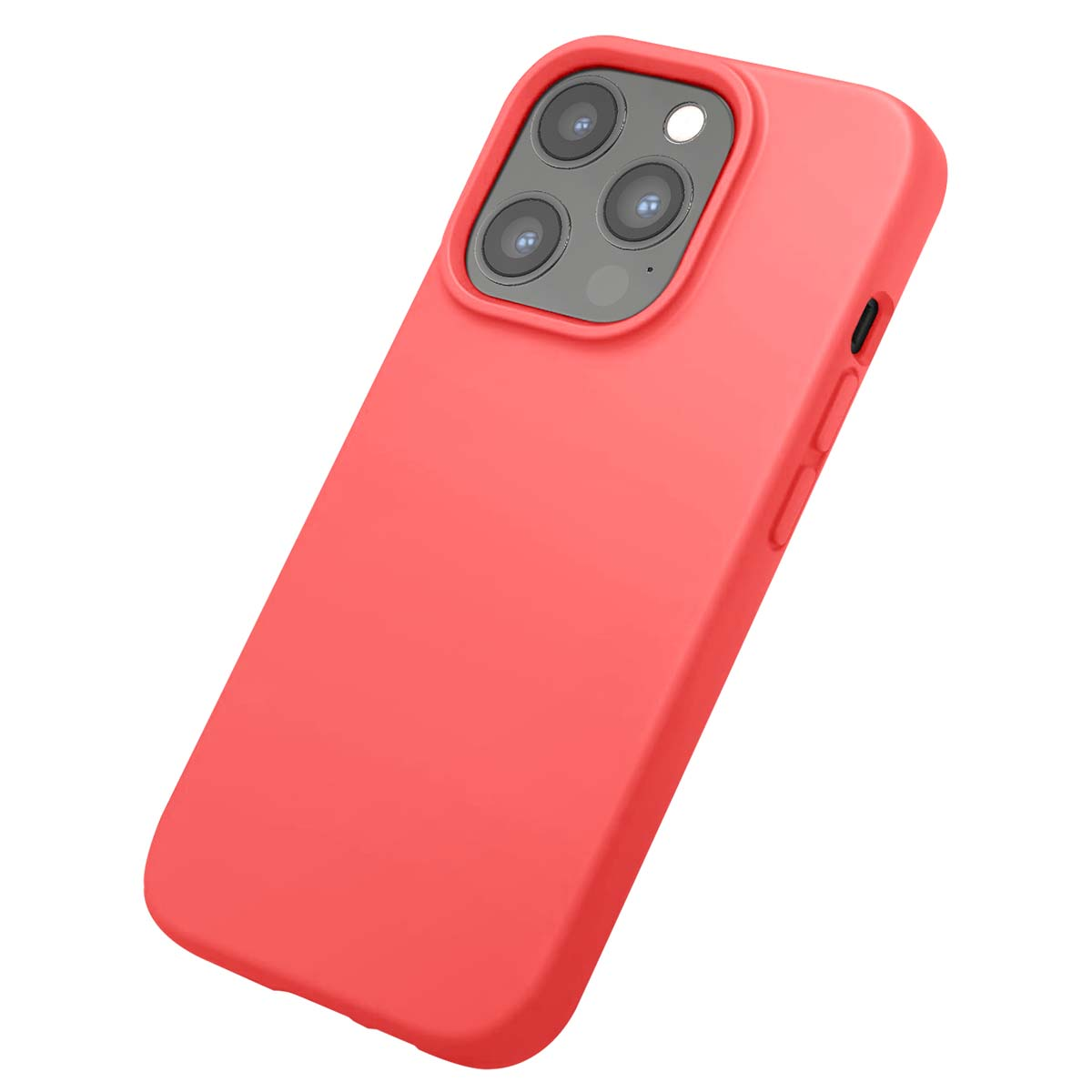 Una custodia per telefono color corallo, angolata. Ha un gruppo fotocamere con 3 obiettivi. La custodia ha pulsanti laterali e sfondo bianco.