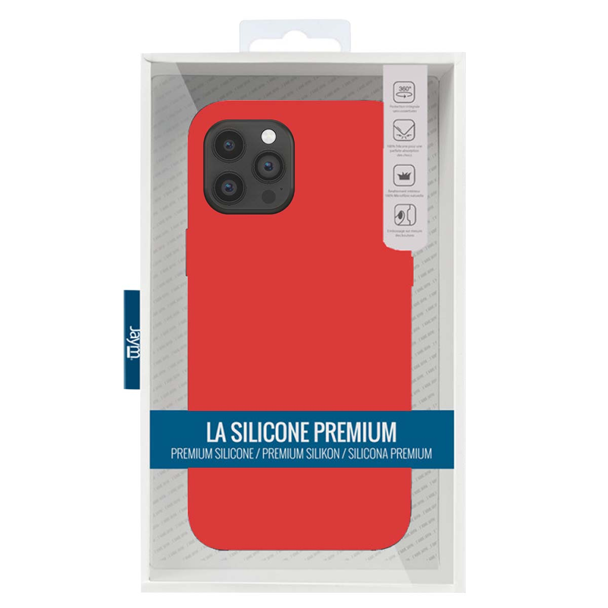Una custodia rossa per telefono in una confezione trasparente, etichettata 'LA SILICONE PREMIUM'. Le icone indicano le funzioni. Marchio 'Jaym'.