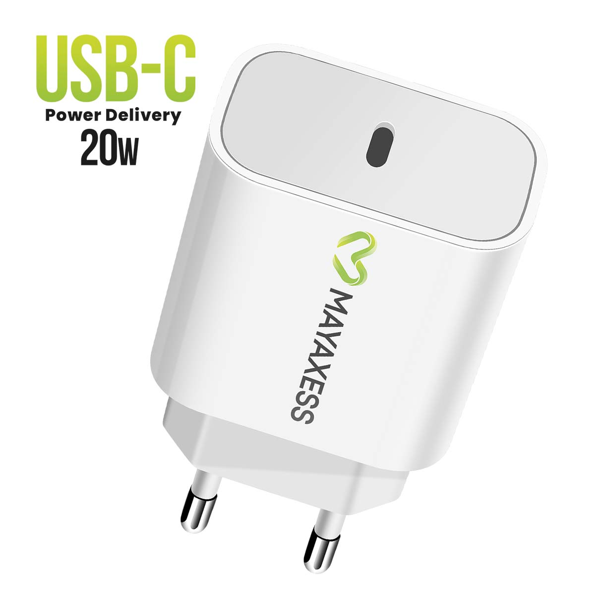 Un adattatore di alimentazione USB-C bianco con logo verde e scritta 'MAYAXESS'. Il testo recita: USB-C Power Delivery 20W.