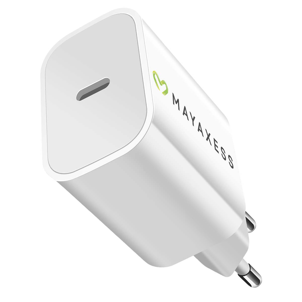 Un caricatore USB-C MAYAXESS bianco. Ha un logo verde, una porta e due spine. Il caricatore è su uno sfondo bianco.