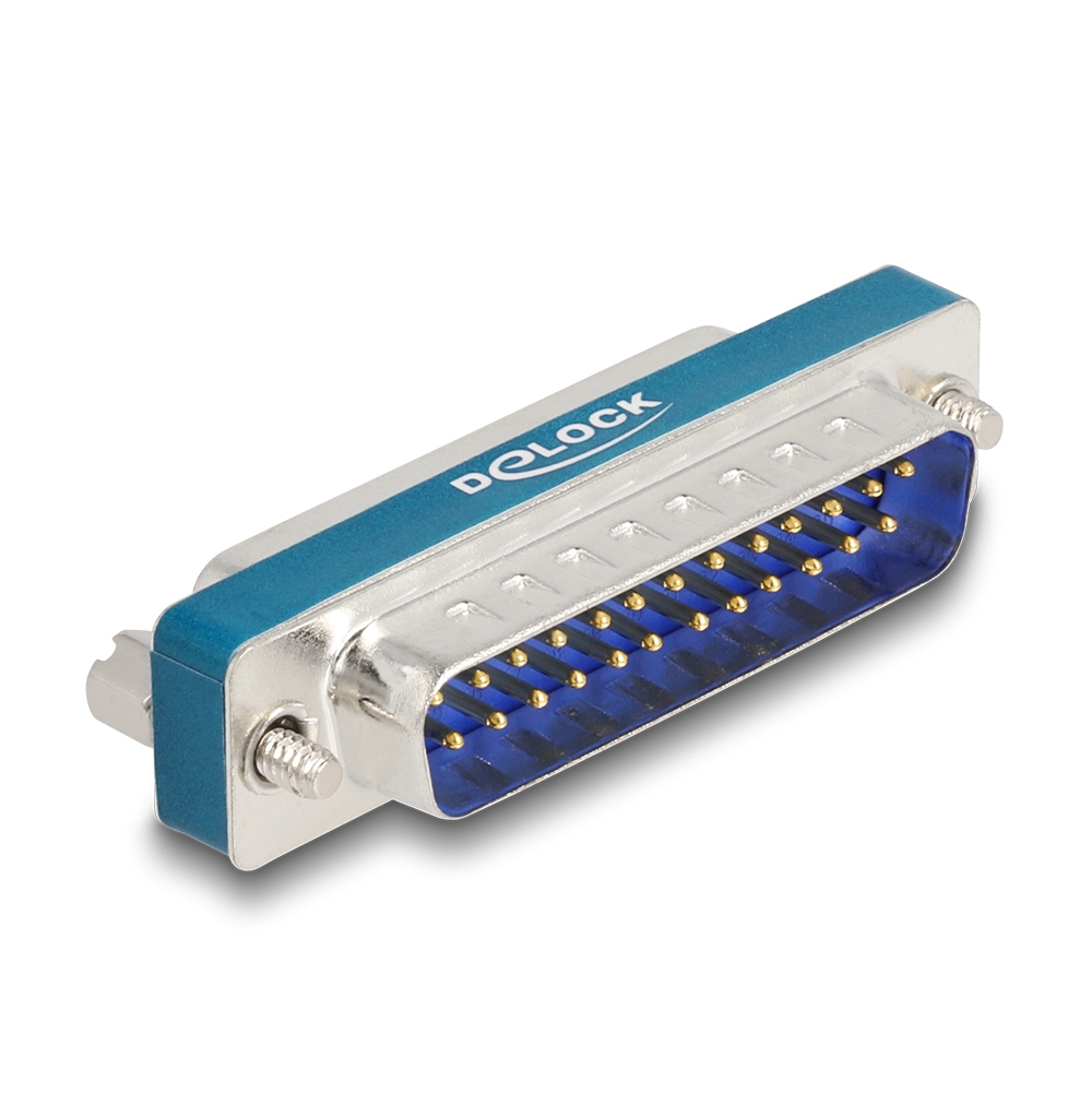 Un connettore D-sub blu e argento. Il connettore ha dei pin ed è etichettato 'DELOCK'. È su sfondo bianco.
