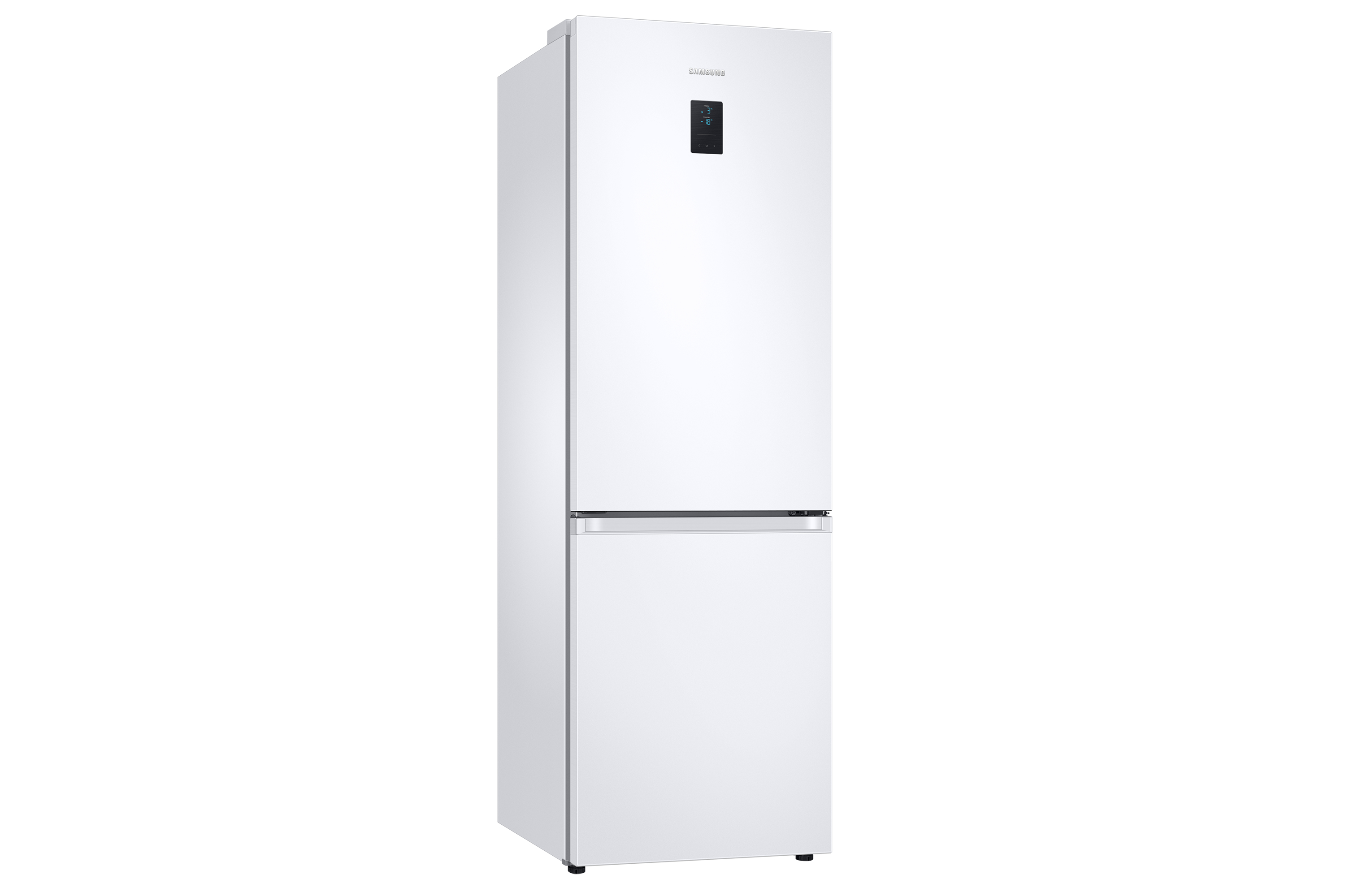 Frigorifero Samsung bianco su sfondo bianco. Due porte. Il display superiore mostra la temperatura.