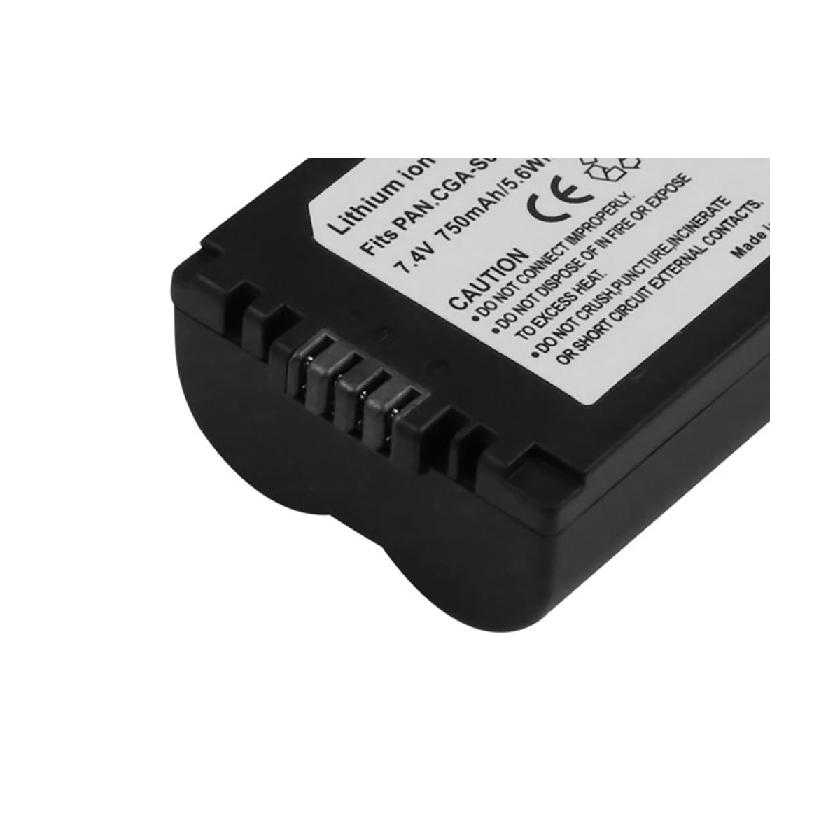Una batteria agli ioni di litio nera con testo bianco, comprese avvertenze e specifiche.