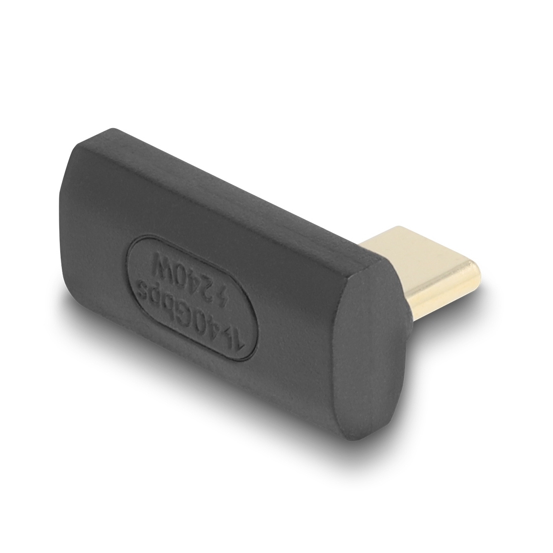 Adattatore USB-C nero con connettore dorato su sfondo bianco. Ha testo che indica 40 Gbps e 240 W.