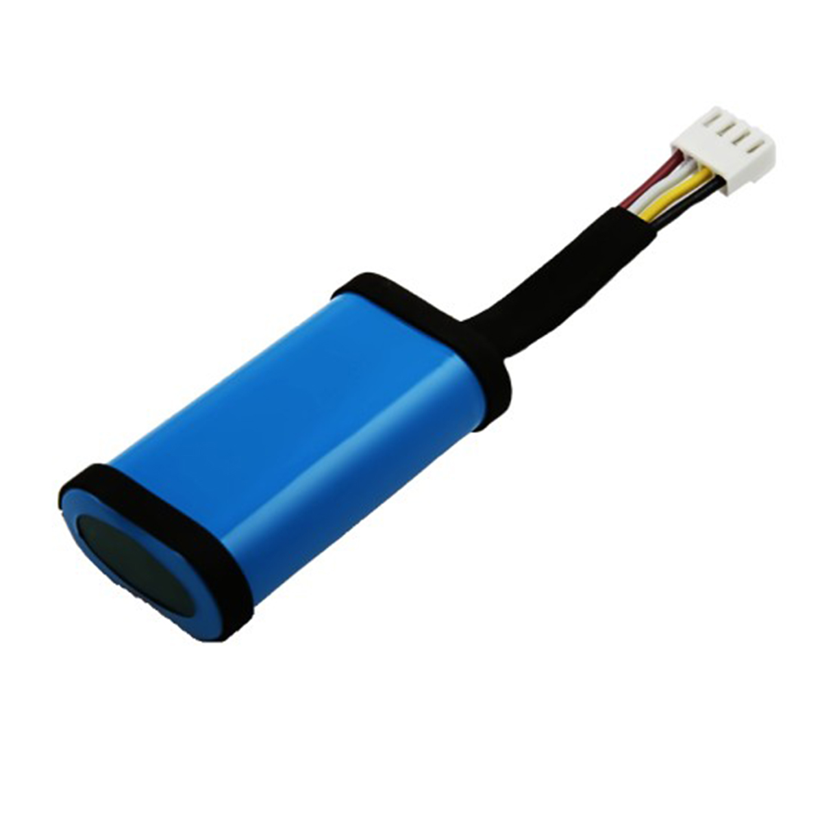 Ein blauer Akku mit schwarzer Verkleidung und einem schwarzen Kabel, Drähte mit verschiedenen Farben, die mit einem weißen Stecker verbunden sind.