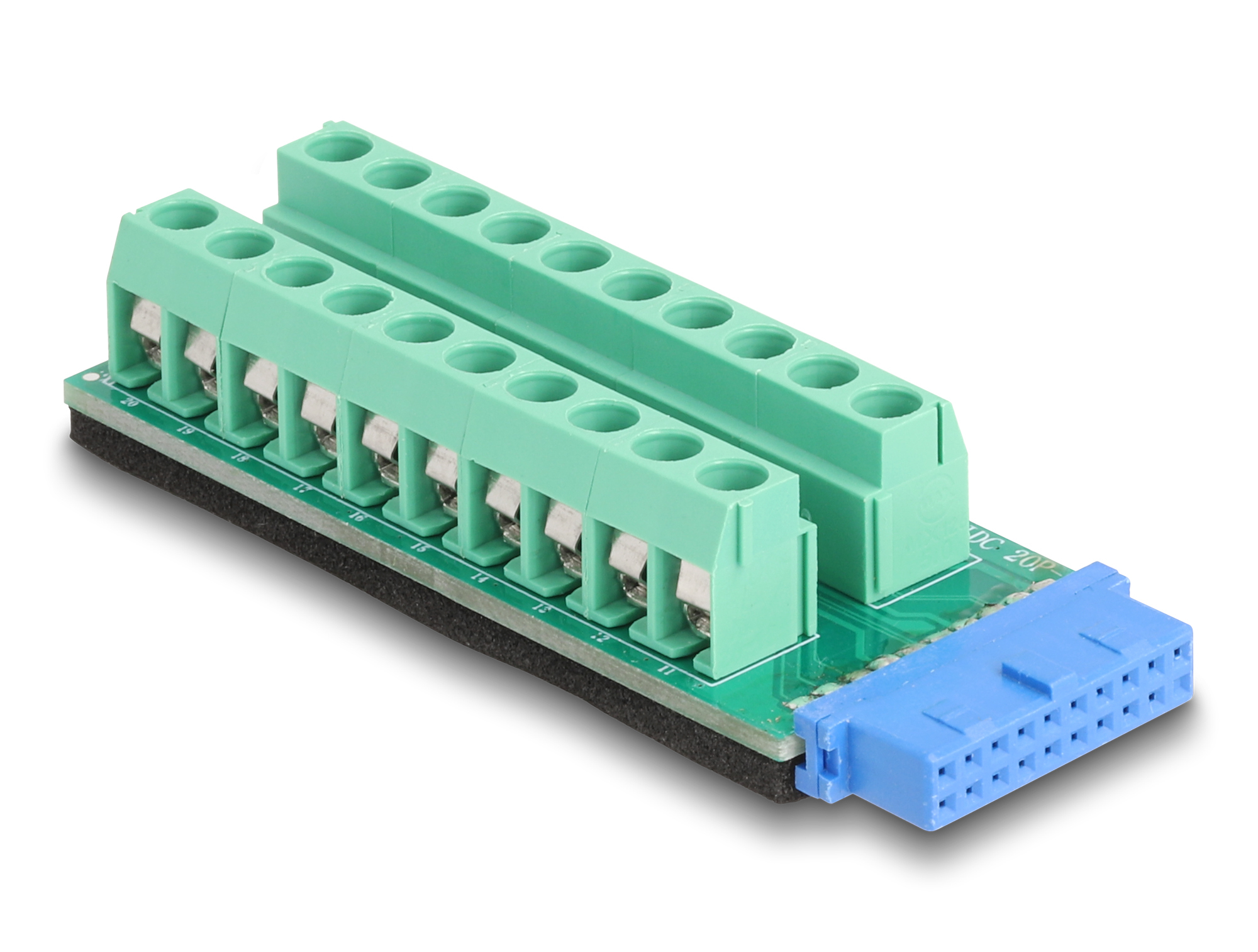 Un componente elettronico verde con terminali e un connettore blu su sfondo bianco.