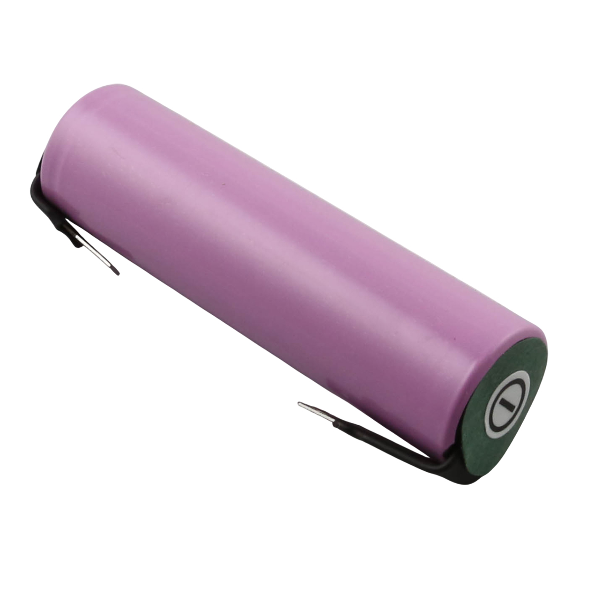 Eine zylindrische Batterie mit lila Gehäuse und grünen Endkappen. Schwarze Drähte gehen von der Batterie aus.