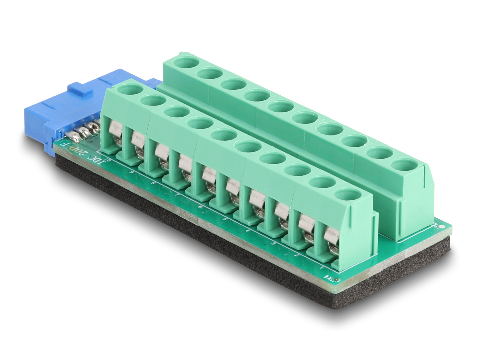Un componente elettronico con parti blu, verdi e argentate. Ha più fori e connettori, appoggiato su una base nera.