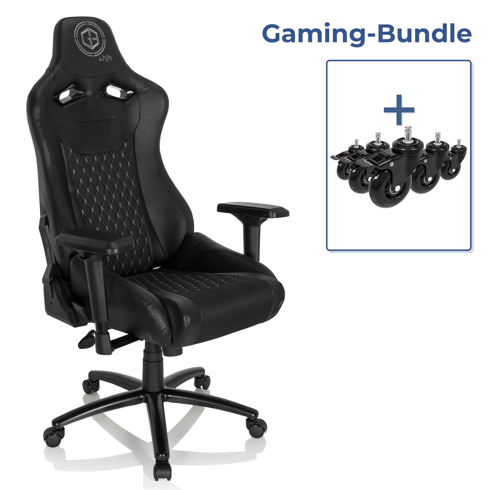 Schwarzer Gaming-Stuhl mit zusätzlichen Rädern. Er hat eine hohe Rückenlehne, Armlehnen und rautenförmige Details. 'Gaming Bundle' ist der Titel.