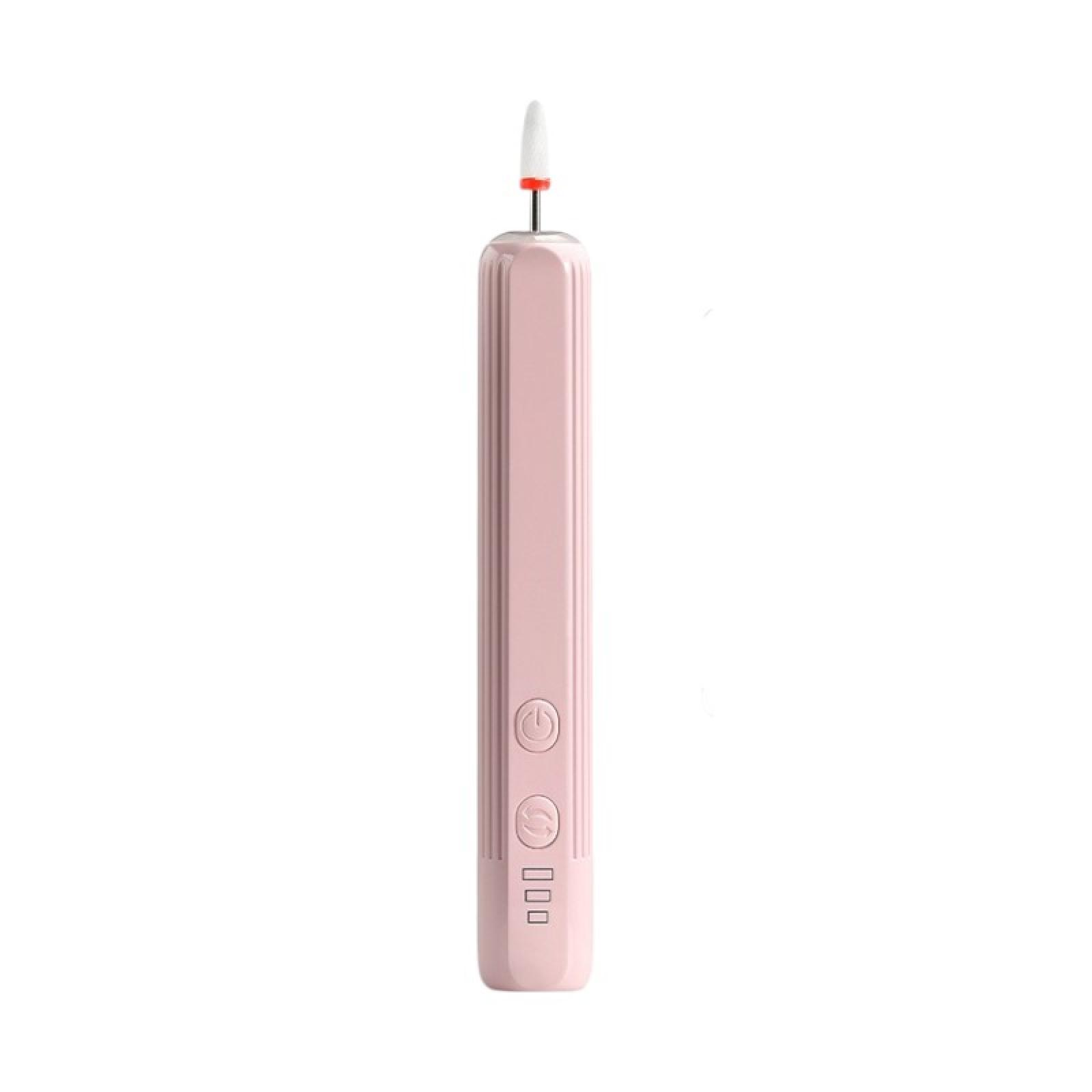 Ein rosa Nagelfräser auf weißem Hintergrund. Der Bohrer hat eine weiße Spitze und einen roten Ring. Er hat Knöpfe und ein Stromsymbol.