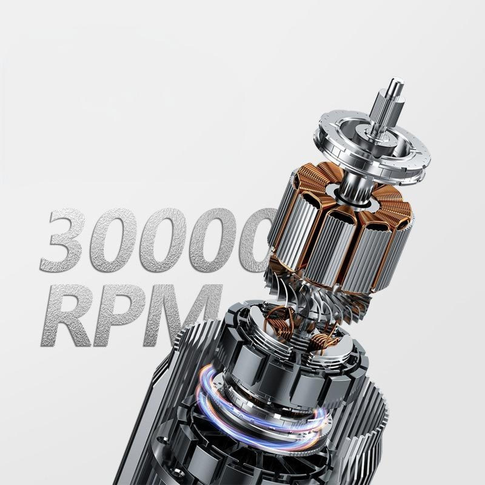 Nahaufnahme eines mechanischen Geräts mit sichtbaren Kupferspulen, Metallkomponenten und dem Text '30000 RPM' auf weißem Hintergrund.