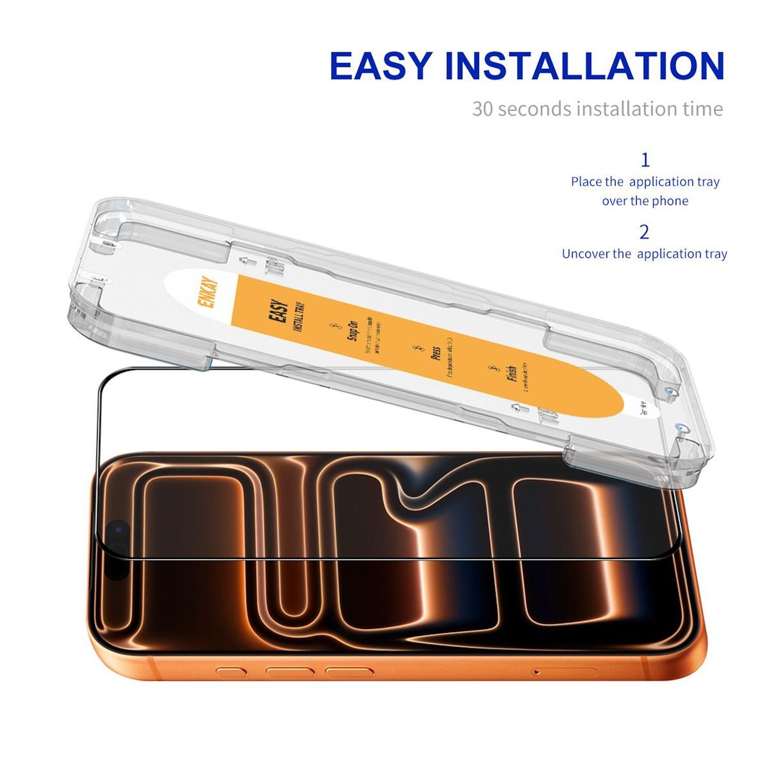 Telefon mit Displayschutz und Installationsträger. Anweisungen zeigen einfache Schritte. Text sagt 'Einfache Installation'. Zeit: 30 Sekunden.