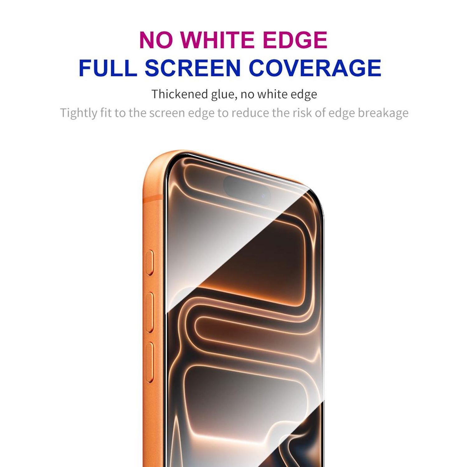 Ein Displayschutz für das Telefon wird gezeigt. Es hat eine vollständige Bildschirmabdeckung und keinen weißen Rand. Der Text besagt, dass es verdickten Kleber hat.
