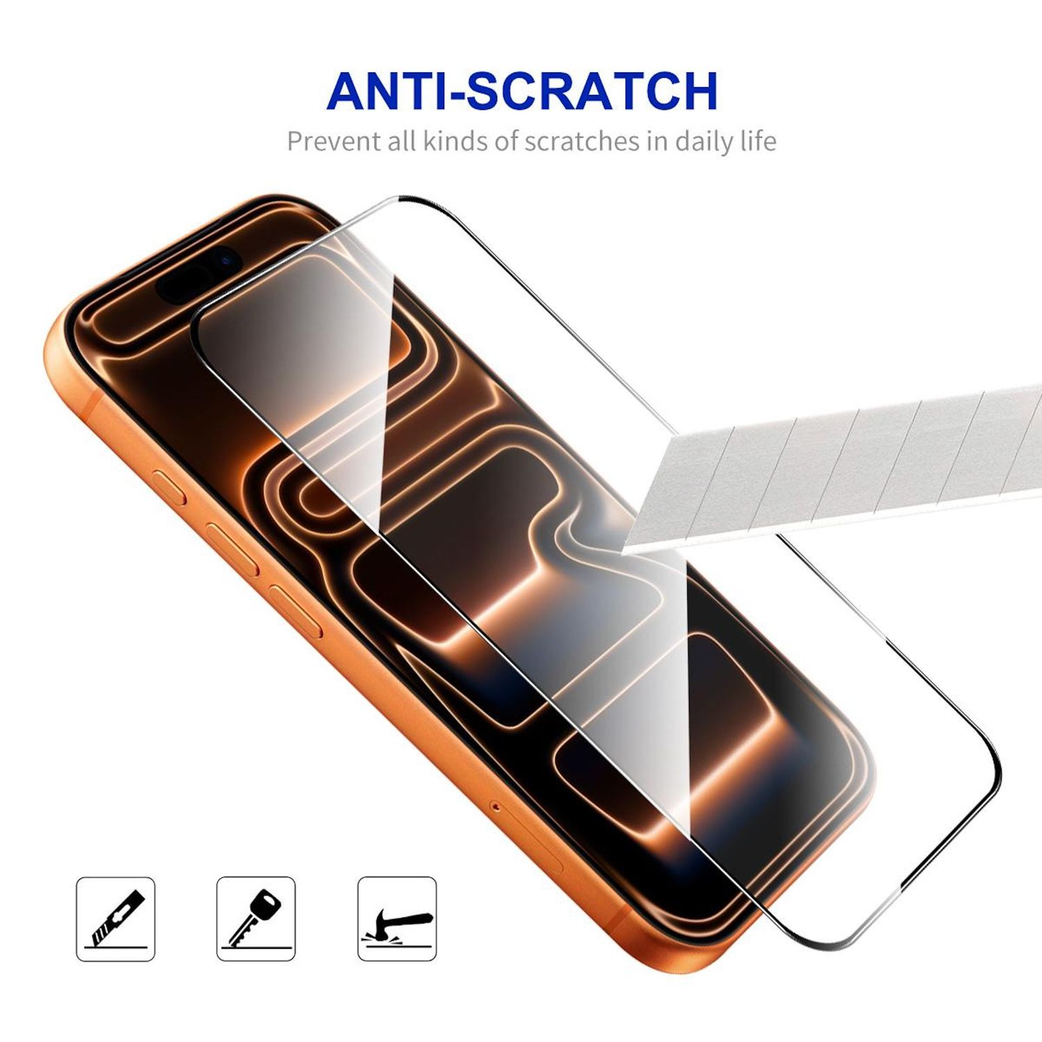 Ein oranges Telefon, auf das eine Displayschutzfolie angebracht wird. Das Bild wirbt für Kratzschutz, mit Symbolen für potenzielle Gefahren.