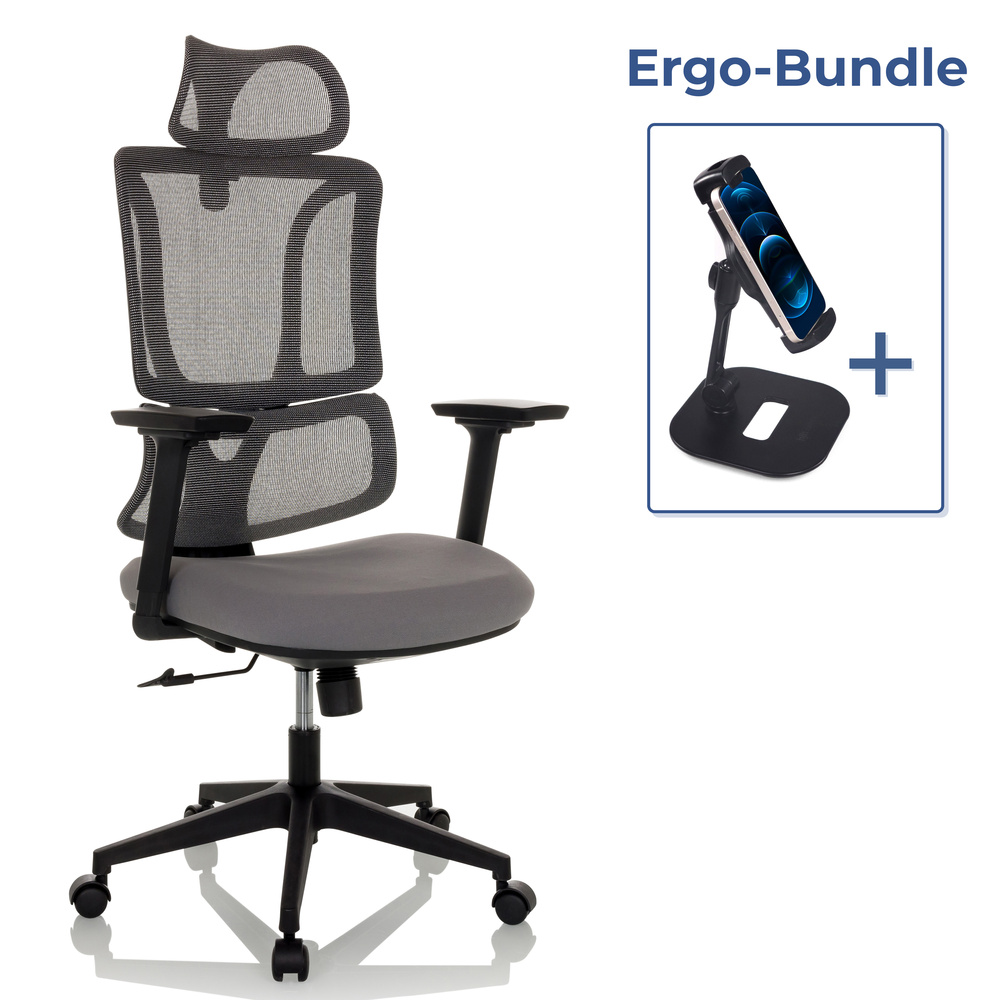 Ein ergonomischer Bürostuhl und eine Telefonhalterung. Der Stuhl ist grau und schwarz. Die Telefonhalterung ist schwarz und hält ein Telefon.